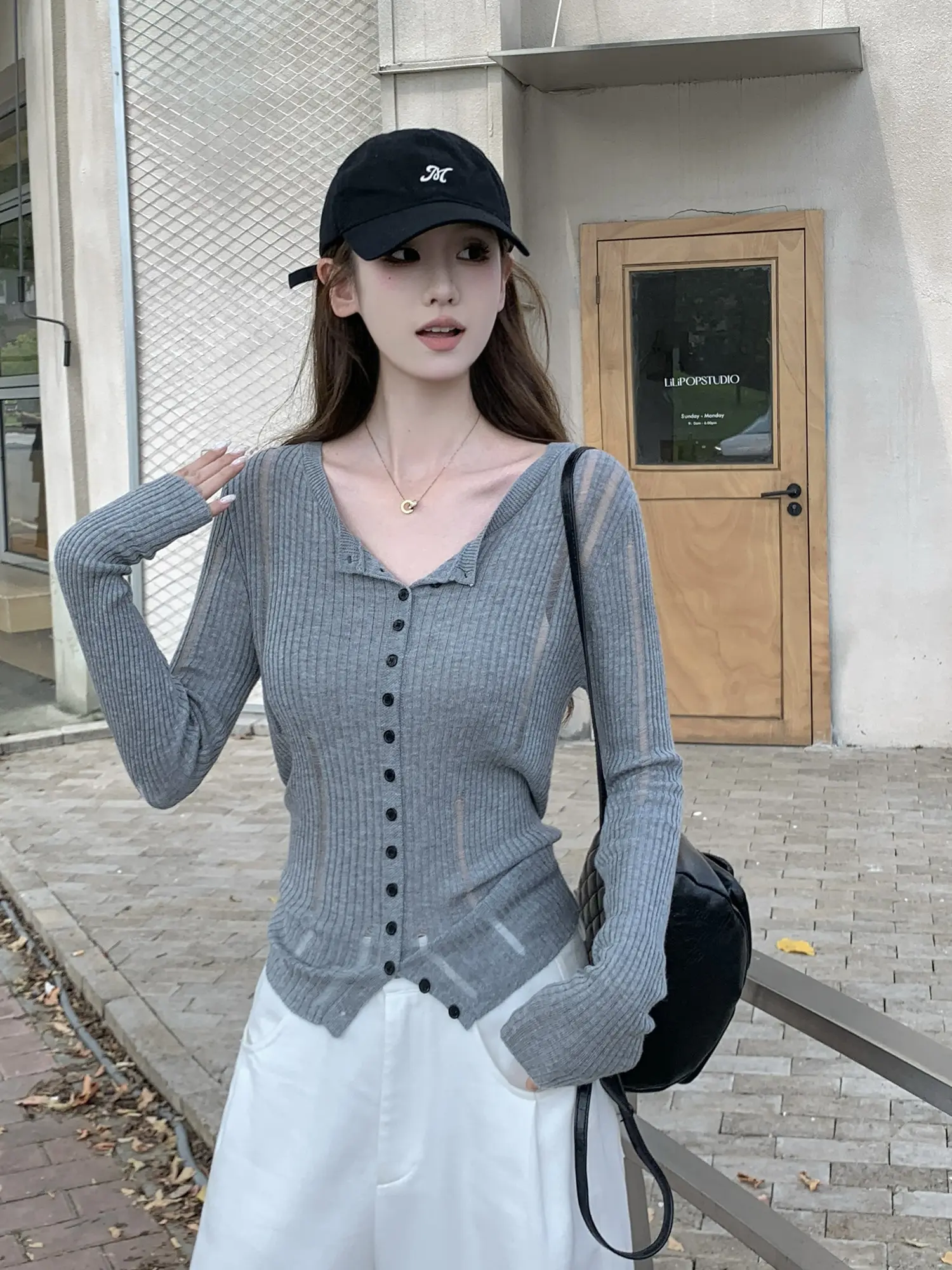 프렌치 그레이 오픈 니트 카디건 상세 이미지 6