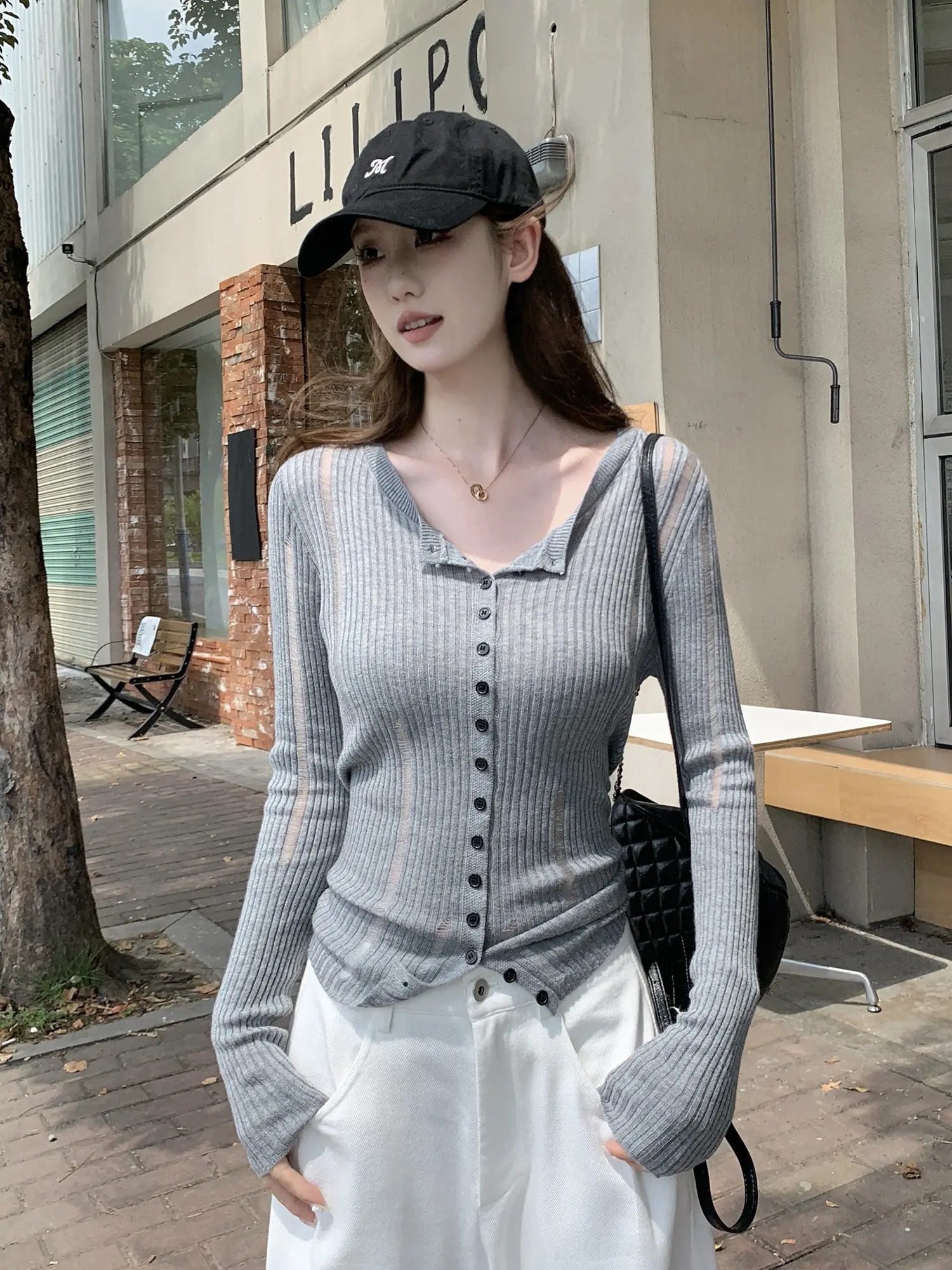 프렌치 그레이 오픈 니트 카디건 상세 이미지 7