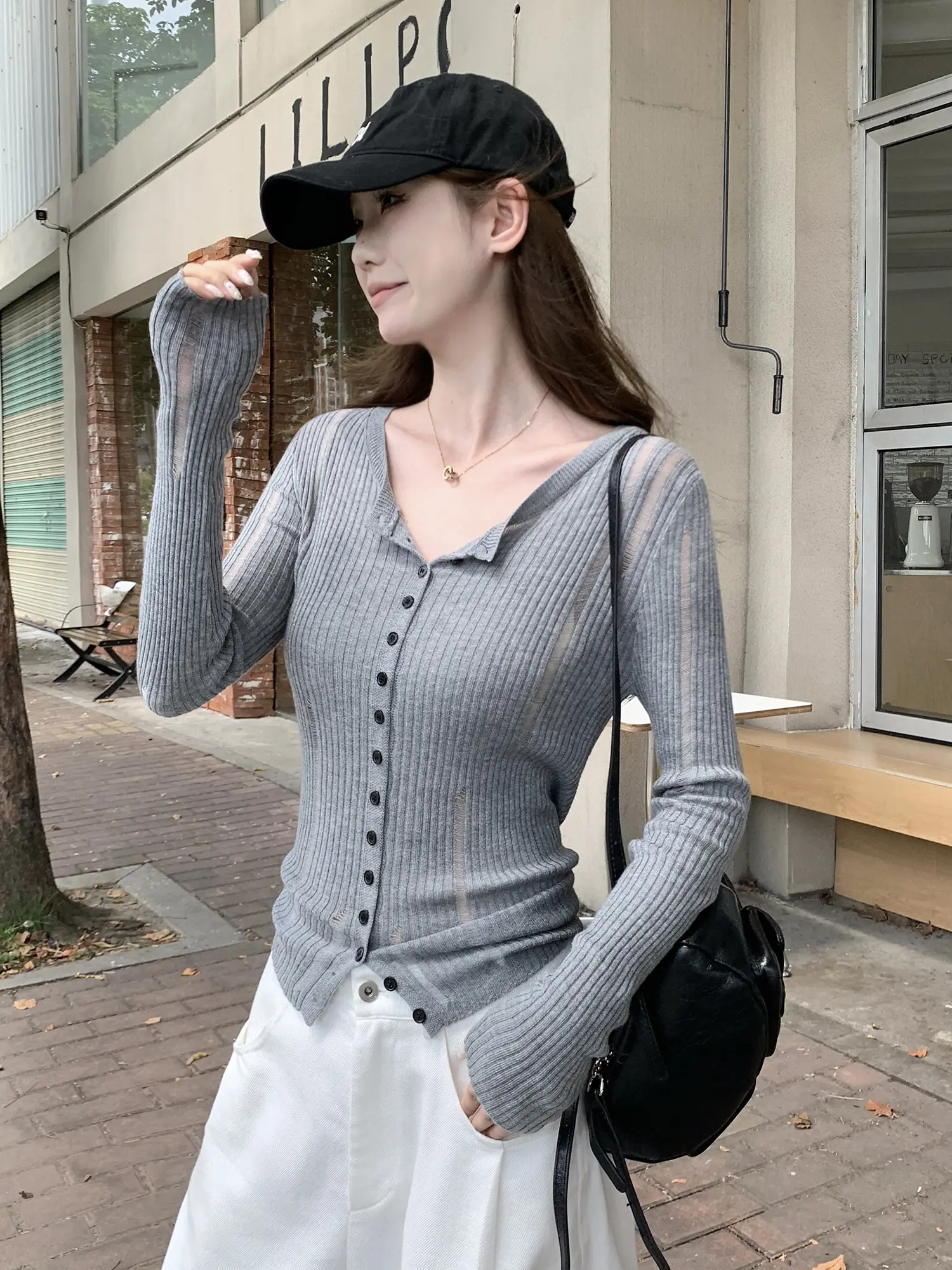 프렌치 그레이 오픈 니트 카디건 상세 이미지 8