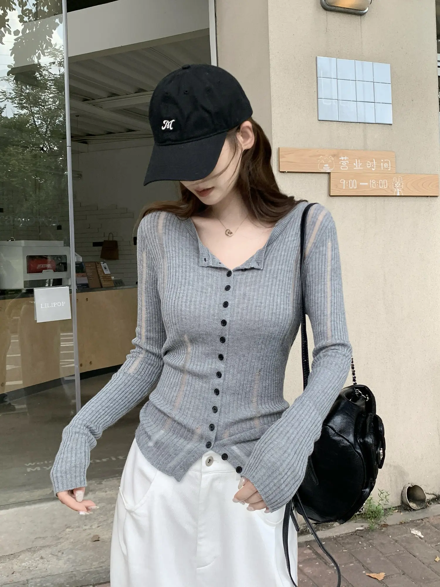 프렌치 그레이 오픈 니트 카디건 상세 이미지 9