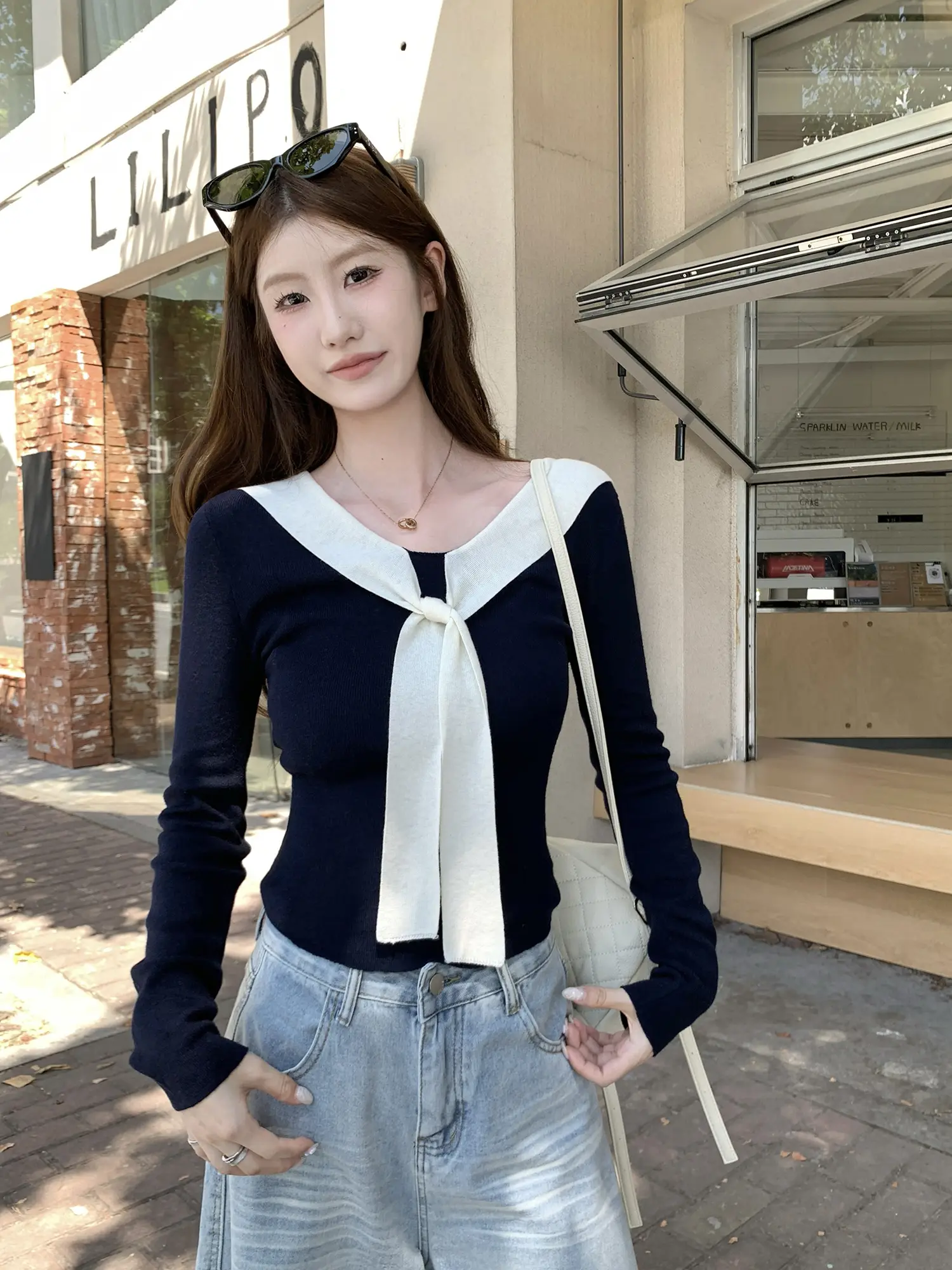 배색 숄 네크 니트 티셔츠 상세 이미지 18