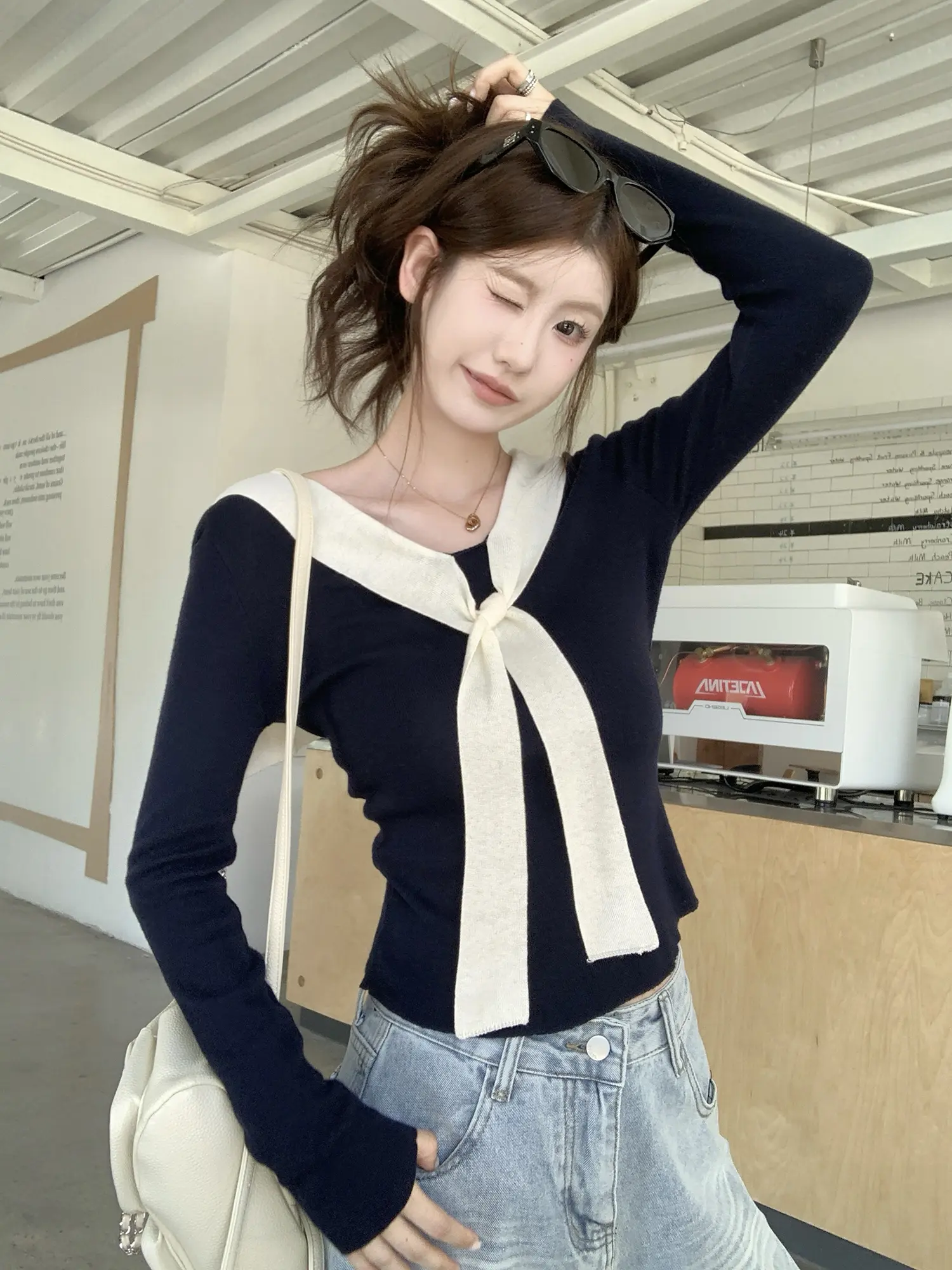 배색 숄 네크 니트 티셔츠 상세 이미지 19
