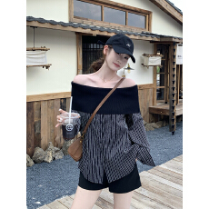 批发<b class='q'>实拍</b>~高级感条纹拼接一字肩长袖<b class='q'>衬衫</b>上衣女