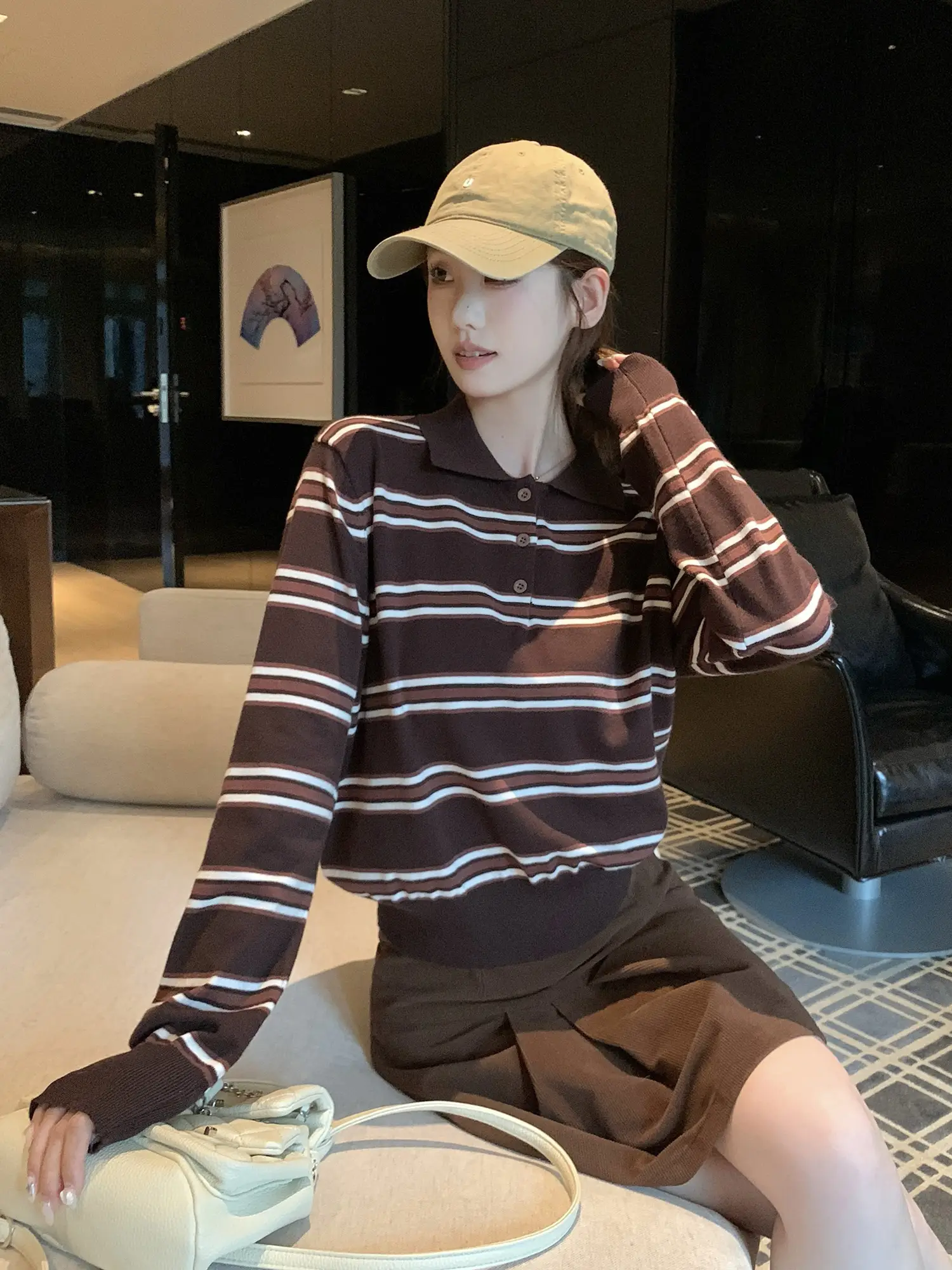 빈티지 블랙 브라운 스트라이프 폴로넥 긴소매 니트 상세 이미지 9