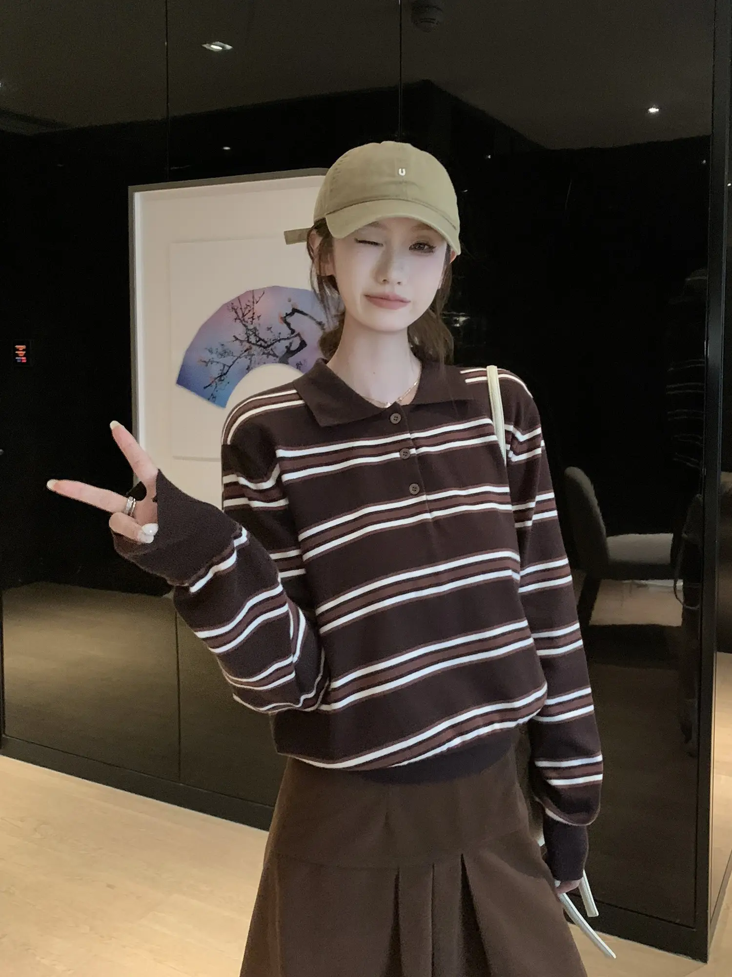빈티지 블랙 브라운 스트라이프 폴로넥 긴소매 니트 상세 이미지 12