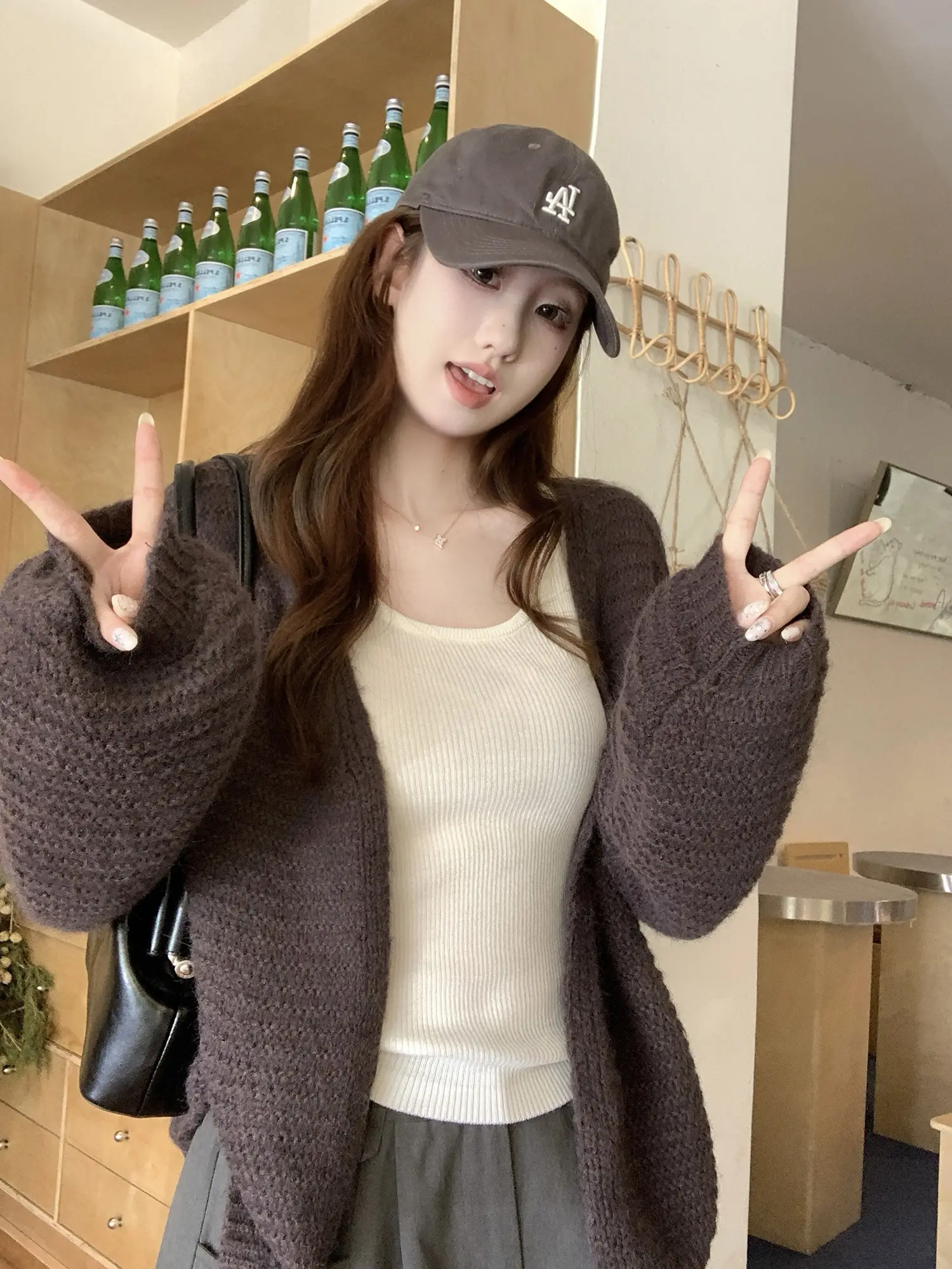 한국인기 브라운 니트 가디건 상세 이미지 3