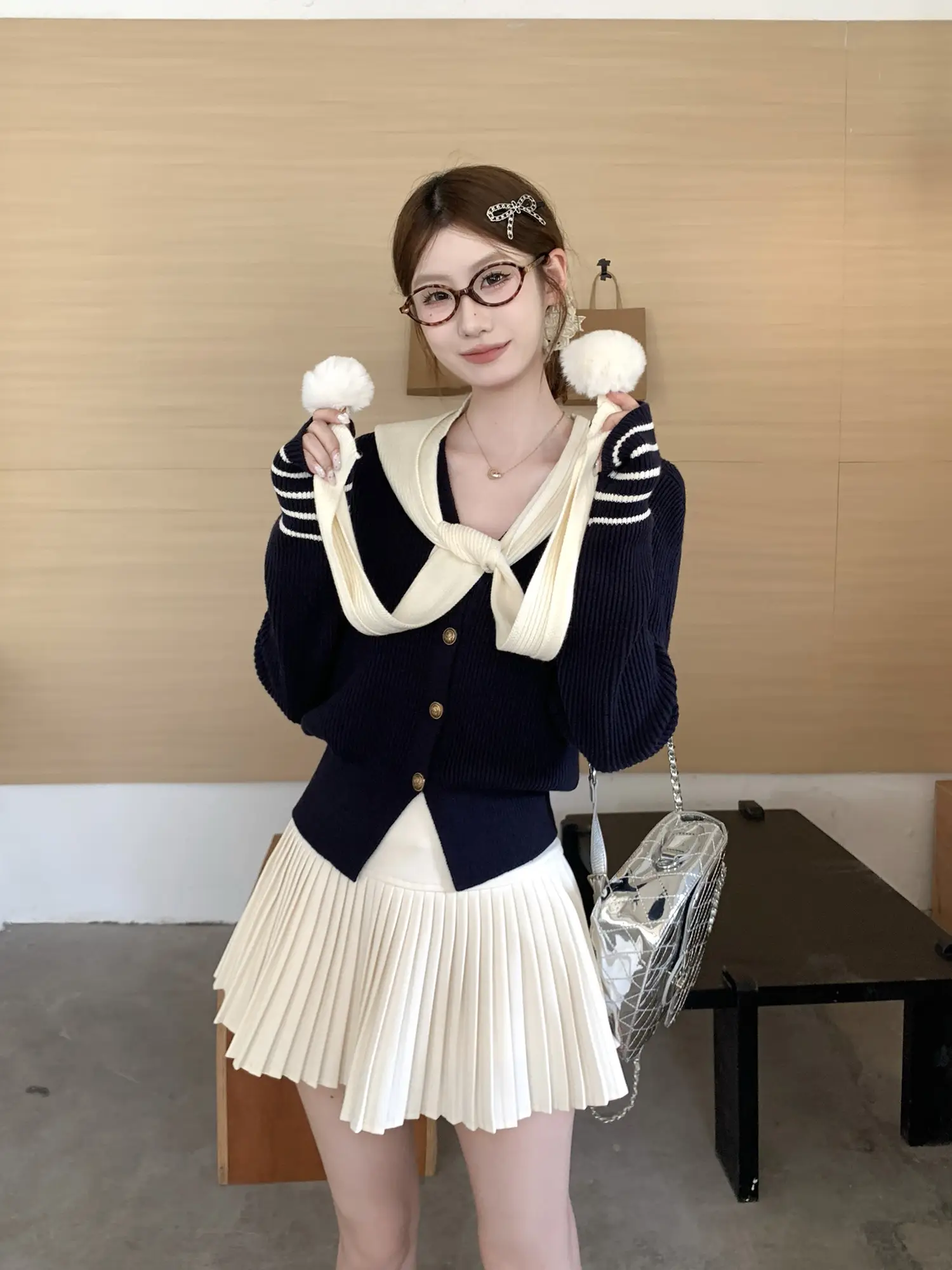 러블리 배색 볼 가디건 상세 이미지 10
