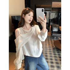批发<b class='q'>实拍</b>~法式设计感不规则白色露肩长袖<b class='q'>衬衫</b>女