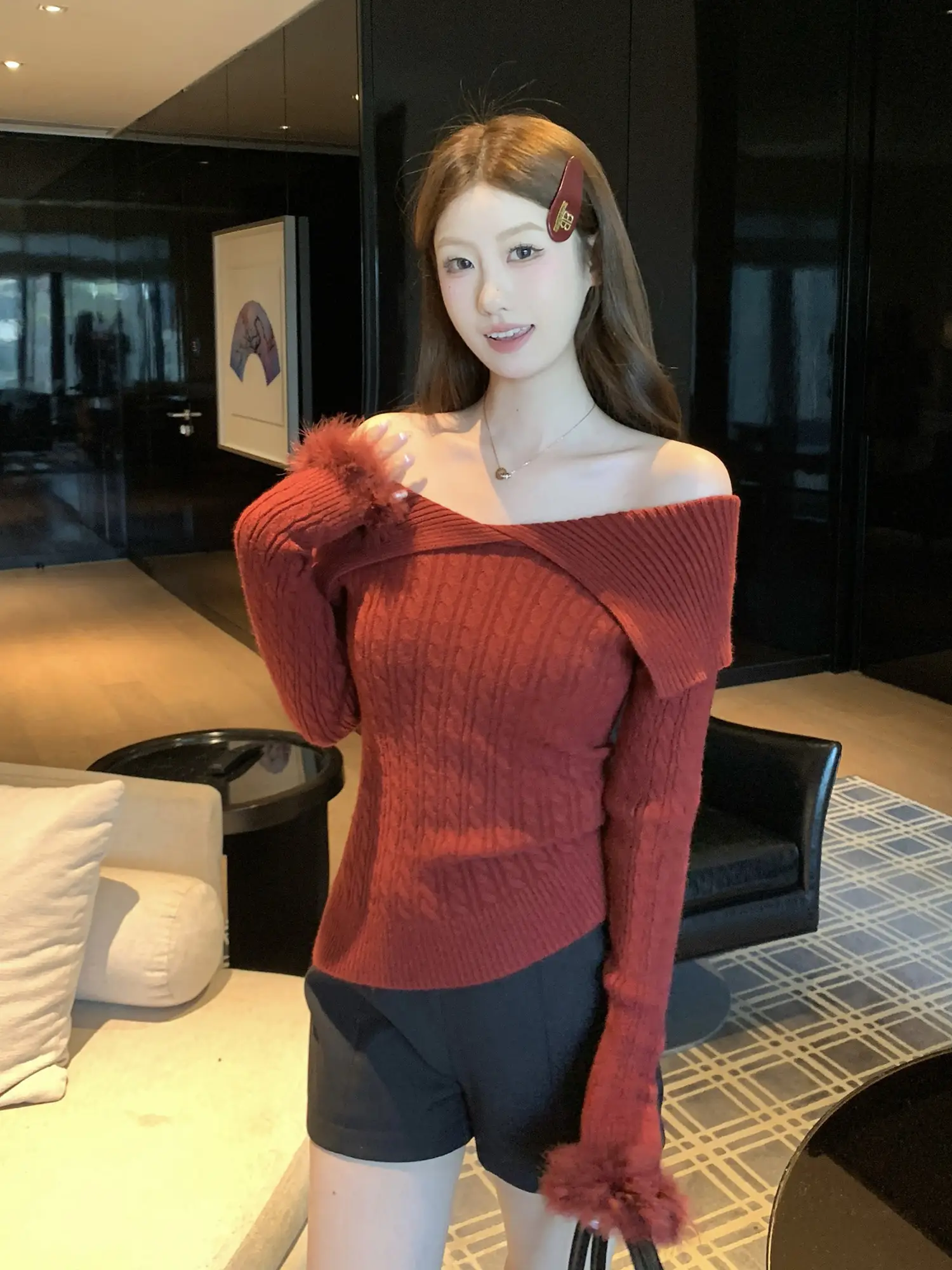 퍼프소매 오프숄더 폴드 칼라 니트 상세 이미지 13