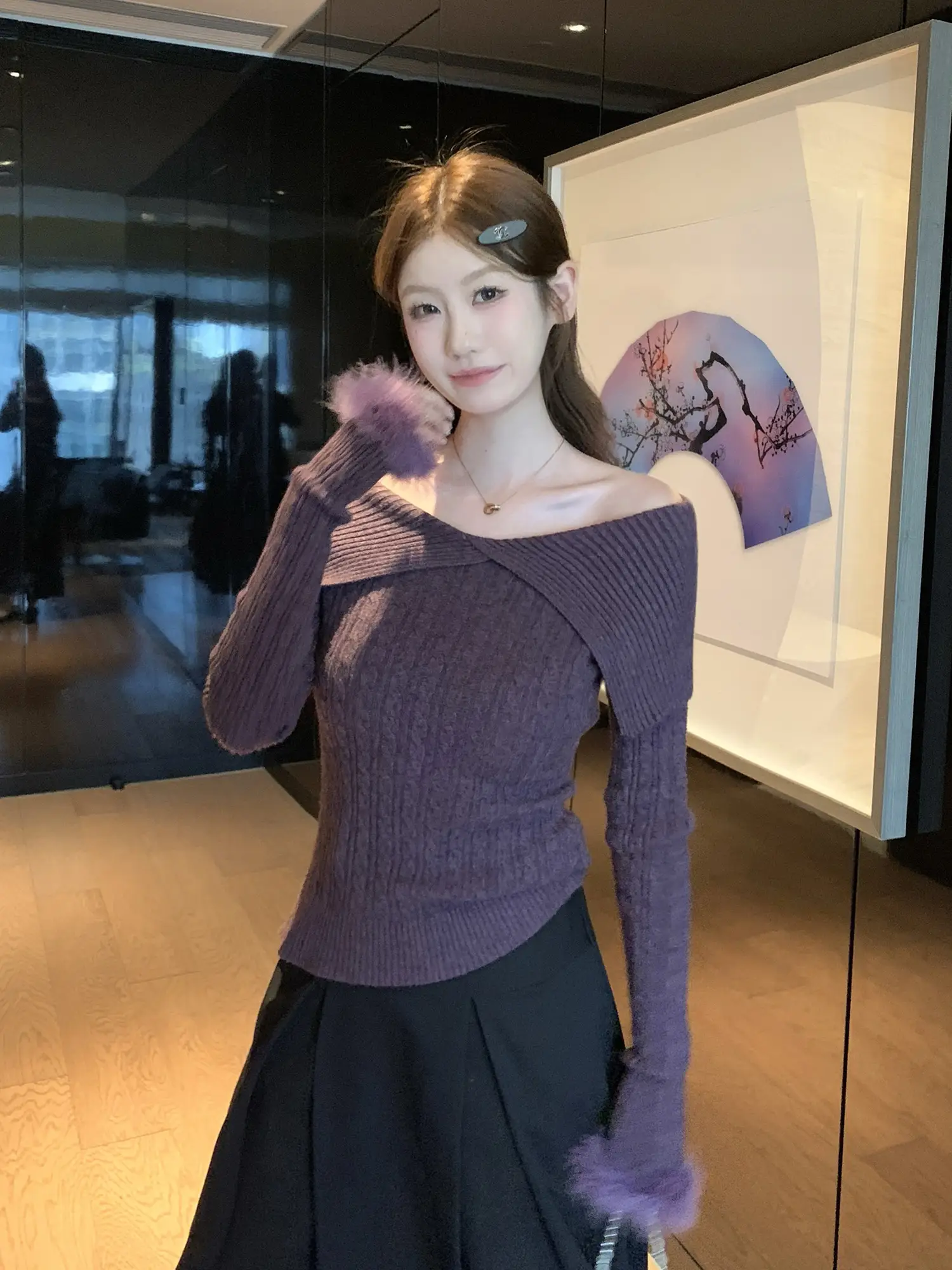 퍼프소매 오프숄더 폴드 칼라 니트 상세 이미지 15