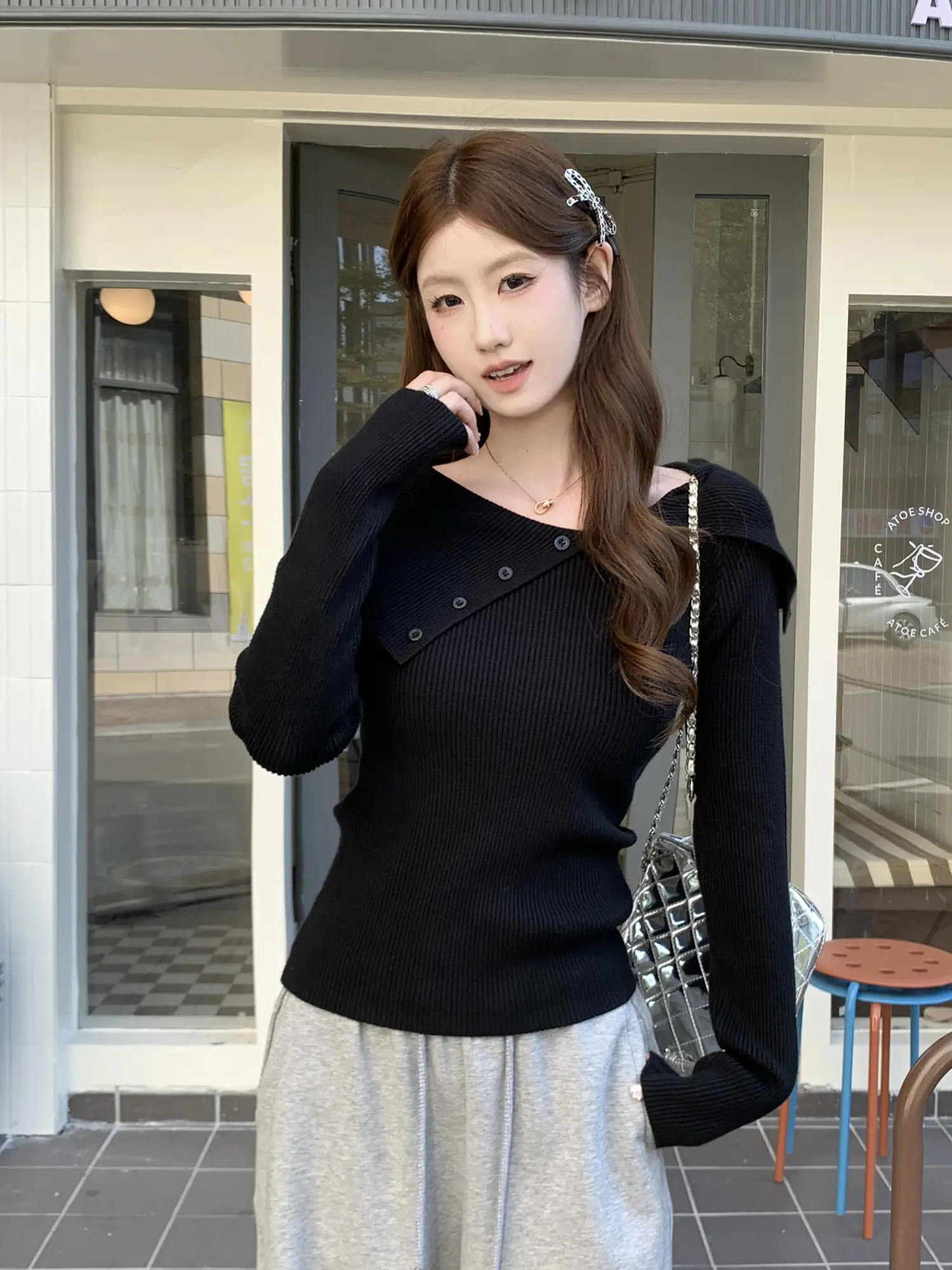 폴드 칼라 오프숄더 니트 상세 이미지 6