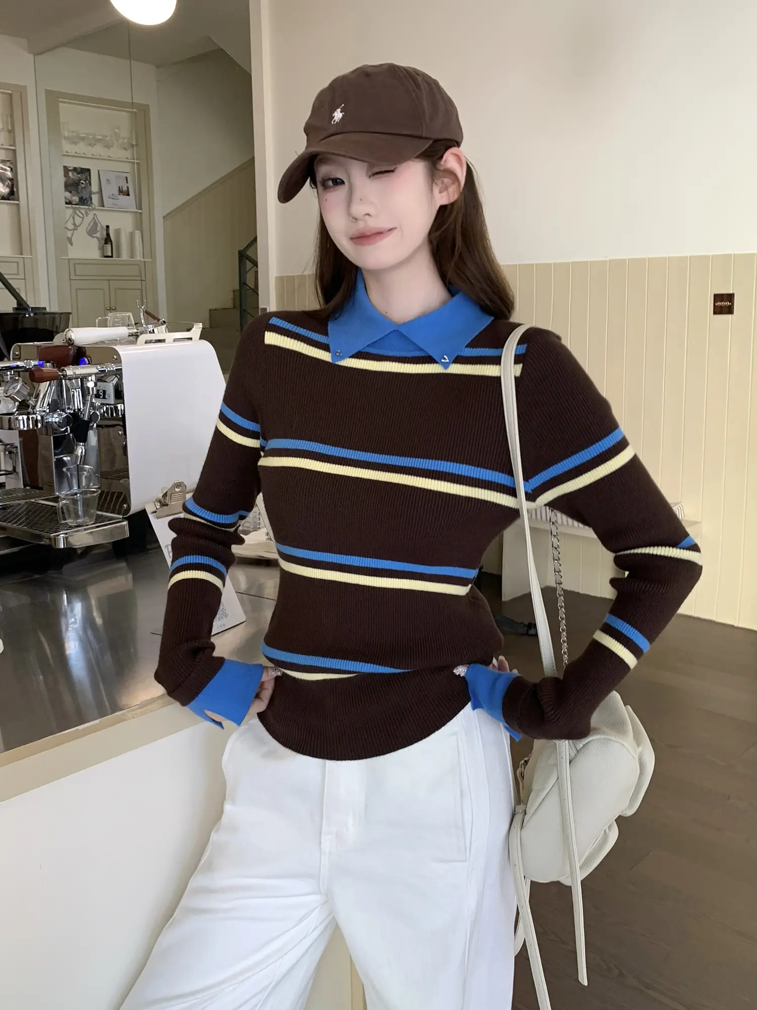 폴드 칼라 스트라이프 니트 상세 이미지 9