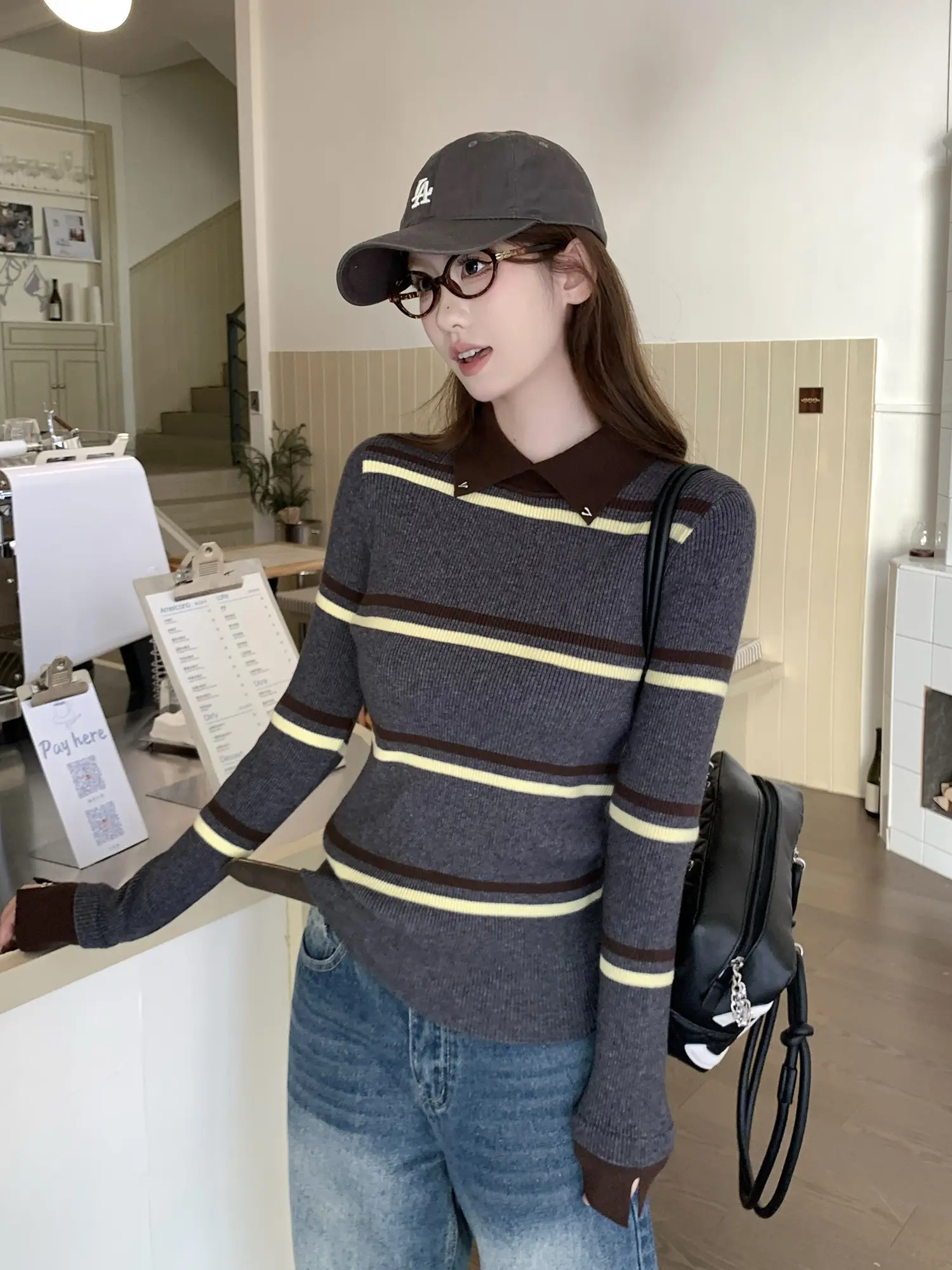 폴드 칼라 스트라이프 니트 상세 이미지 21