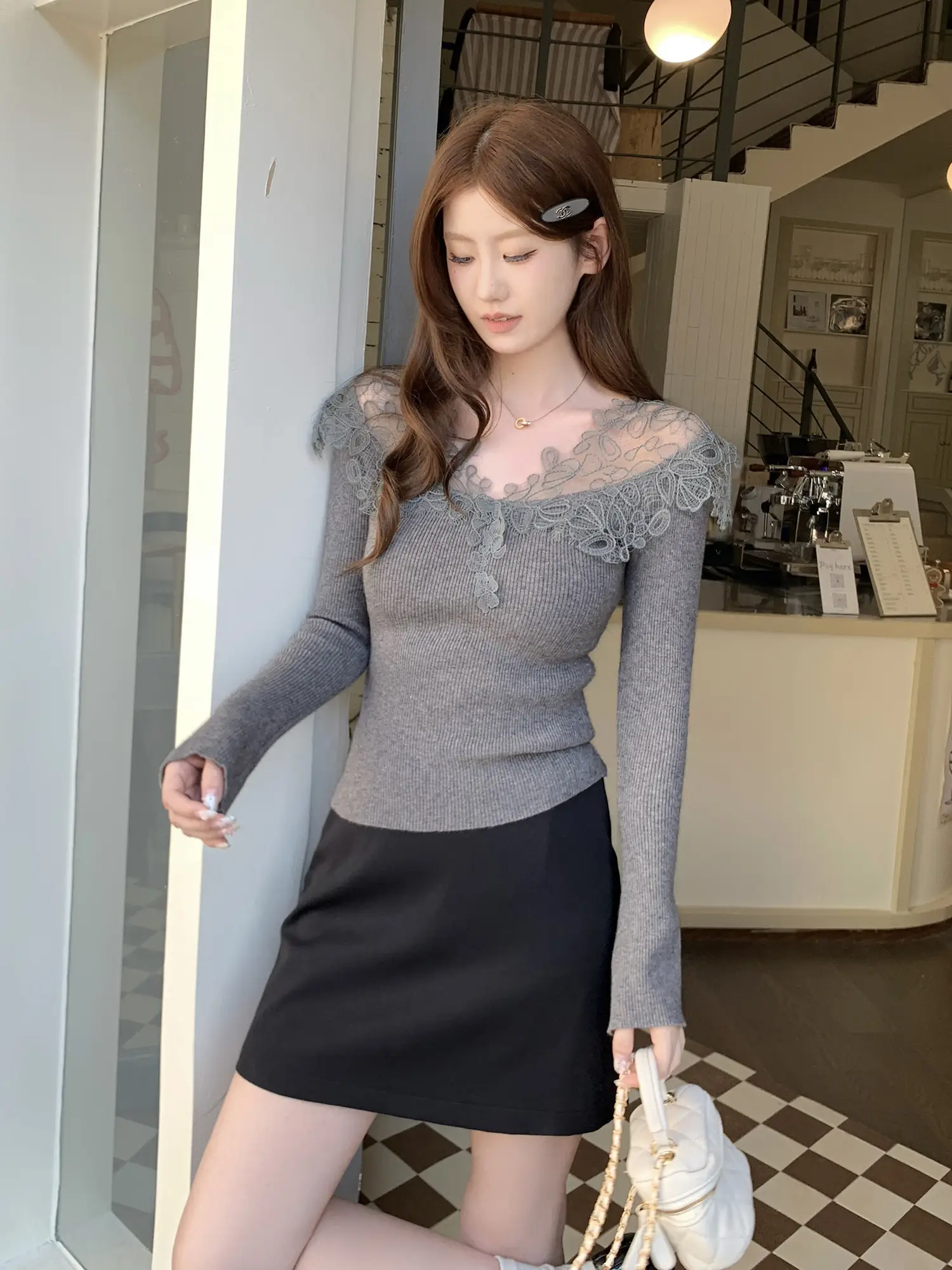 레이스 배색 긴소매 니트 상세 이미지 2