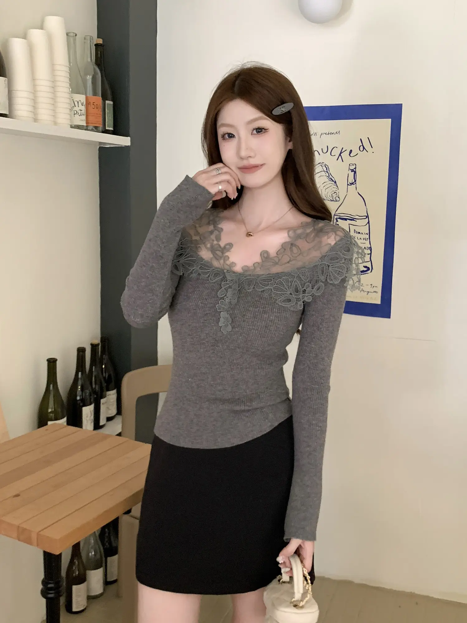 레이스 배색 긴소매 니트 상세 이미지 8