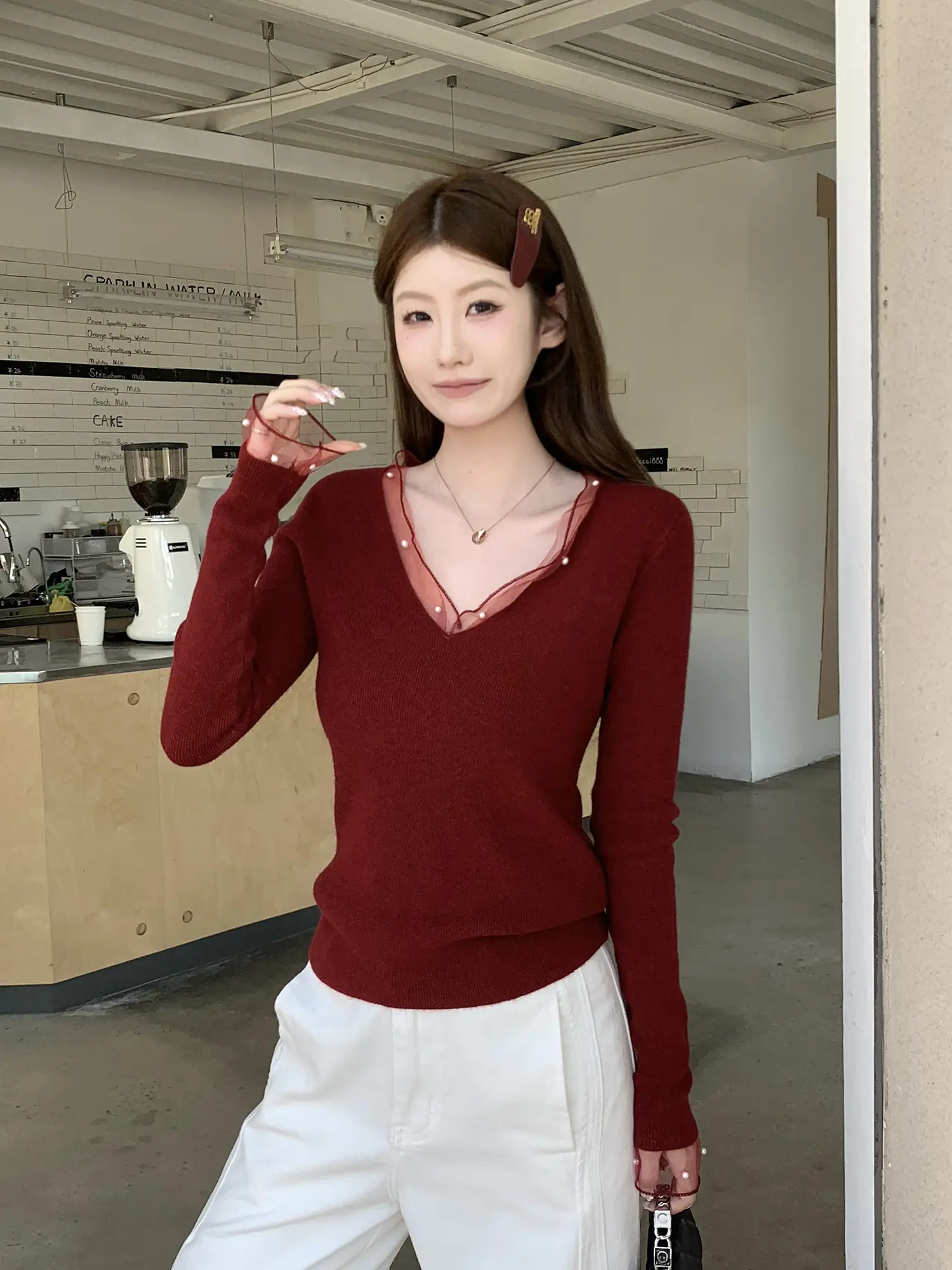 레이스 진주 V넥 니트 상세 이미지 28