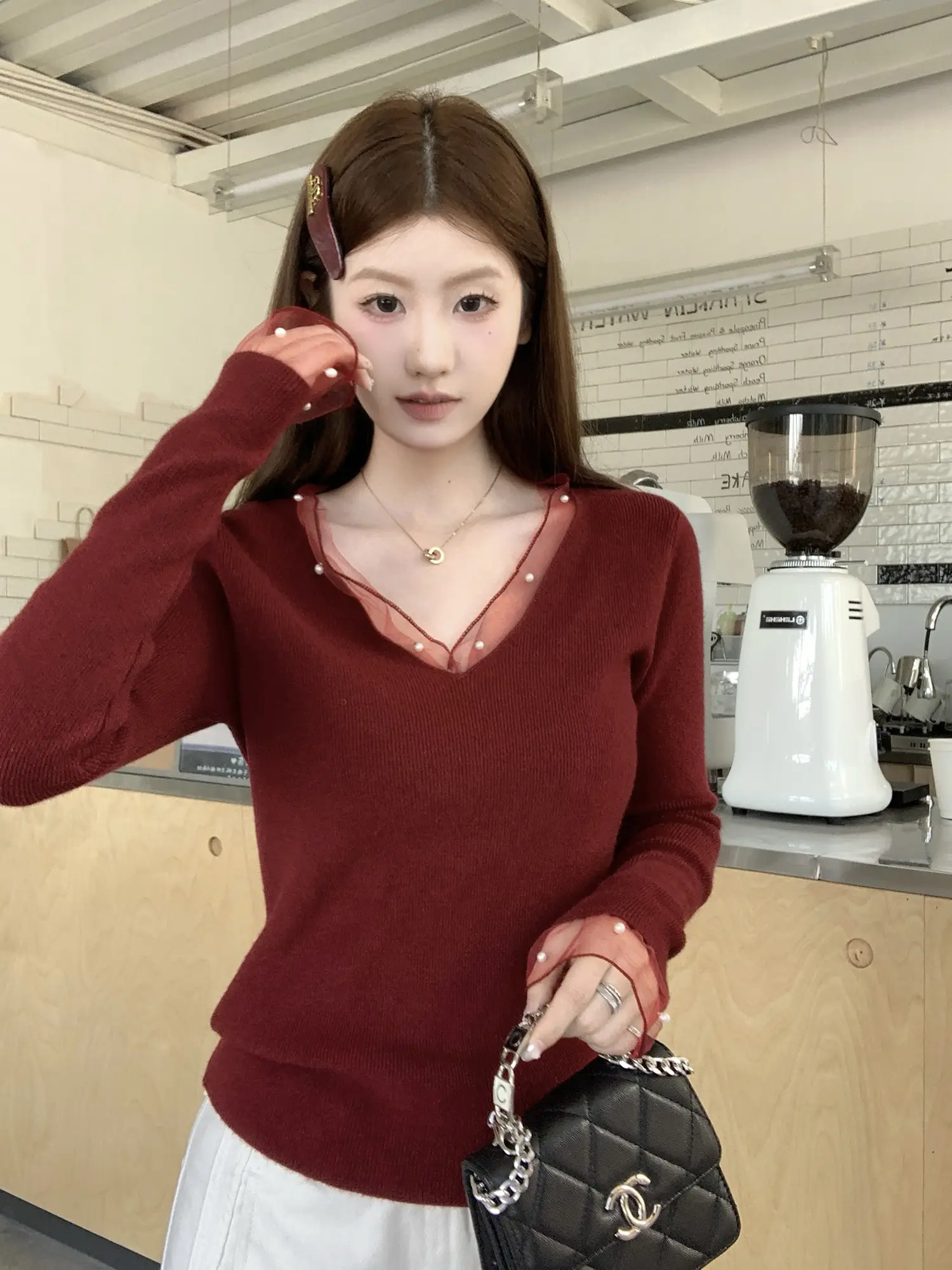 레이스 진주 V넥 니트 상세 이미지 29
