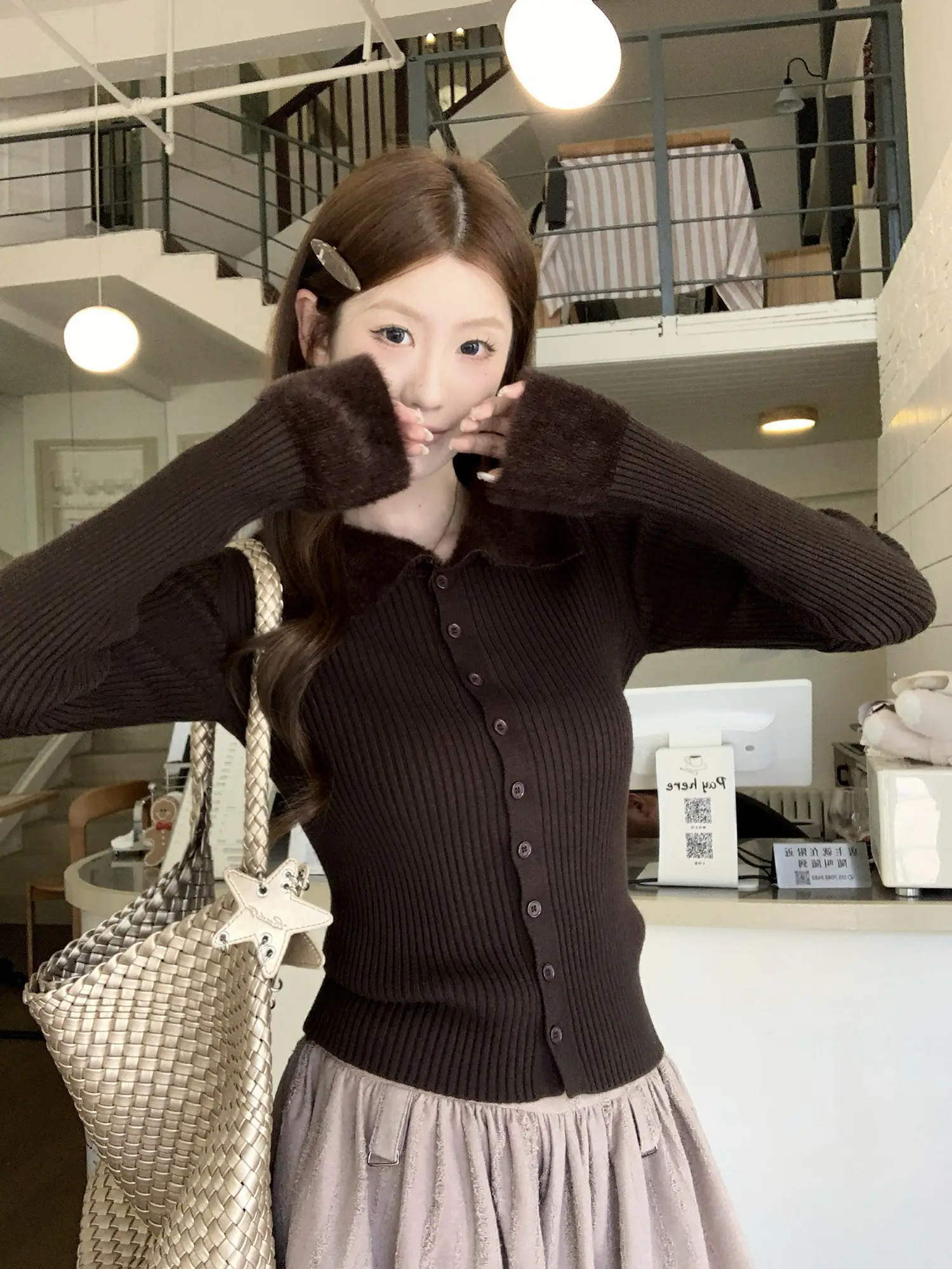 디자인감 매치 슬림핏 폴드 칼라 니트 가디건 상세 이미지 9