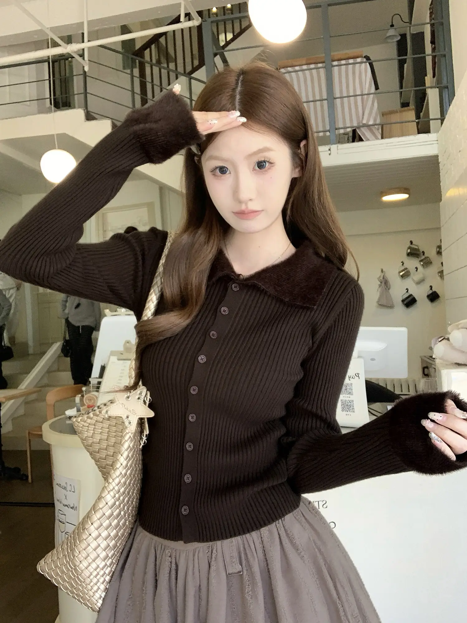 디자인감 매치 슬림핏 폴드 칼라 니트 가디건 상세 이미지 10