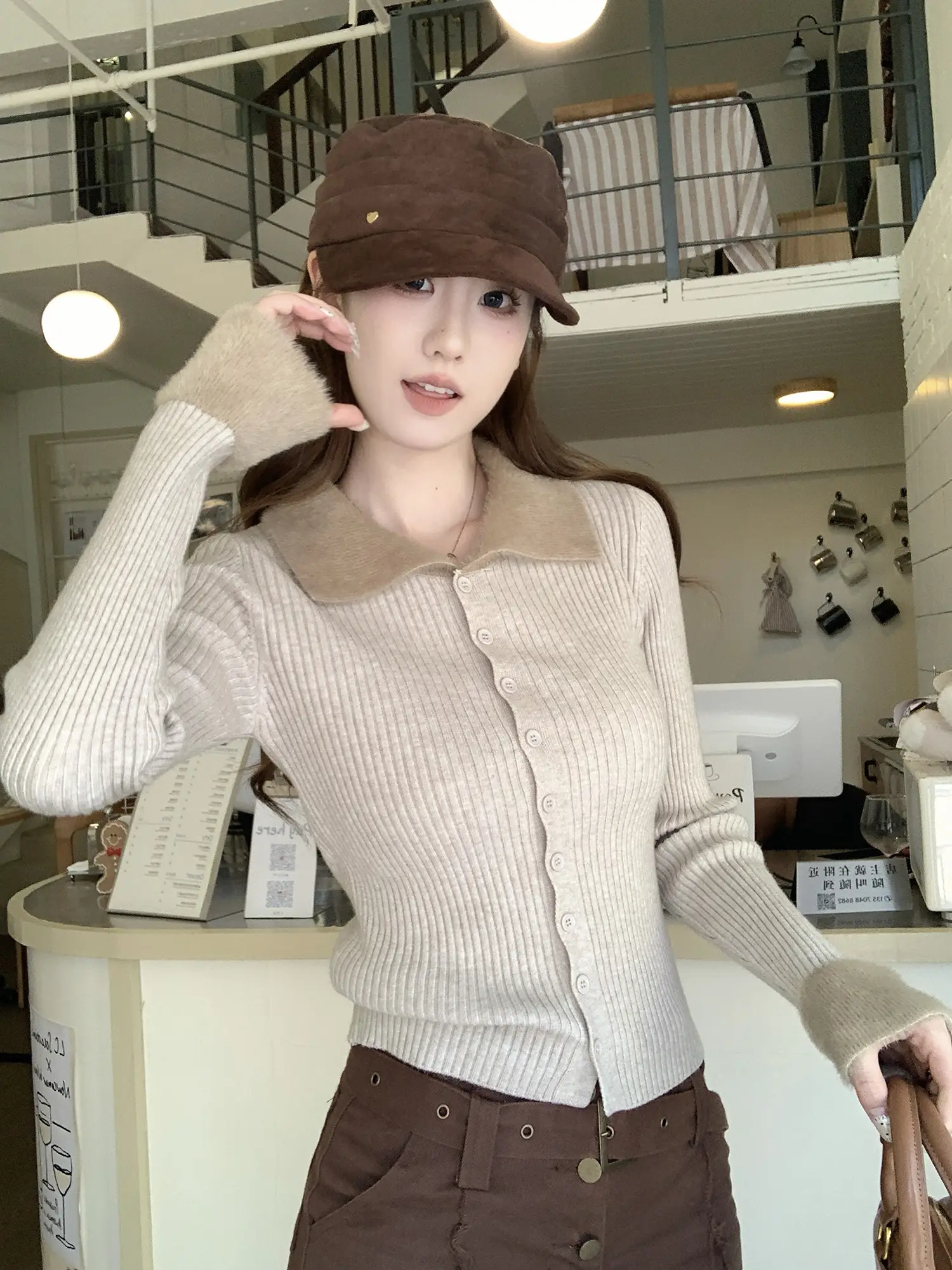 디자인감 매치 슬림핏 폴드 칼라 니트 가디건 상세 이미지 16