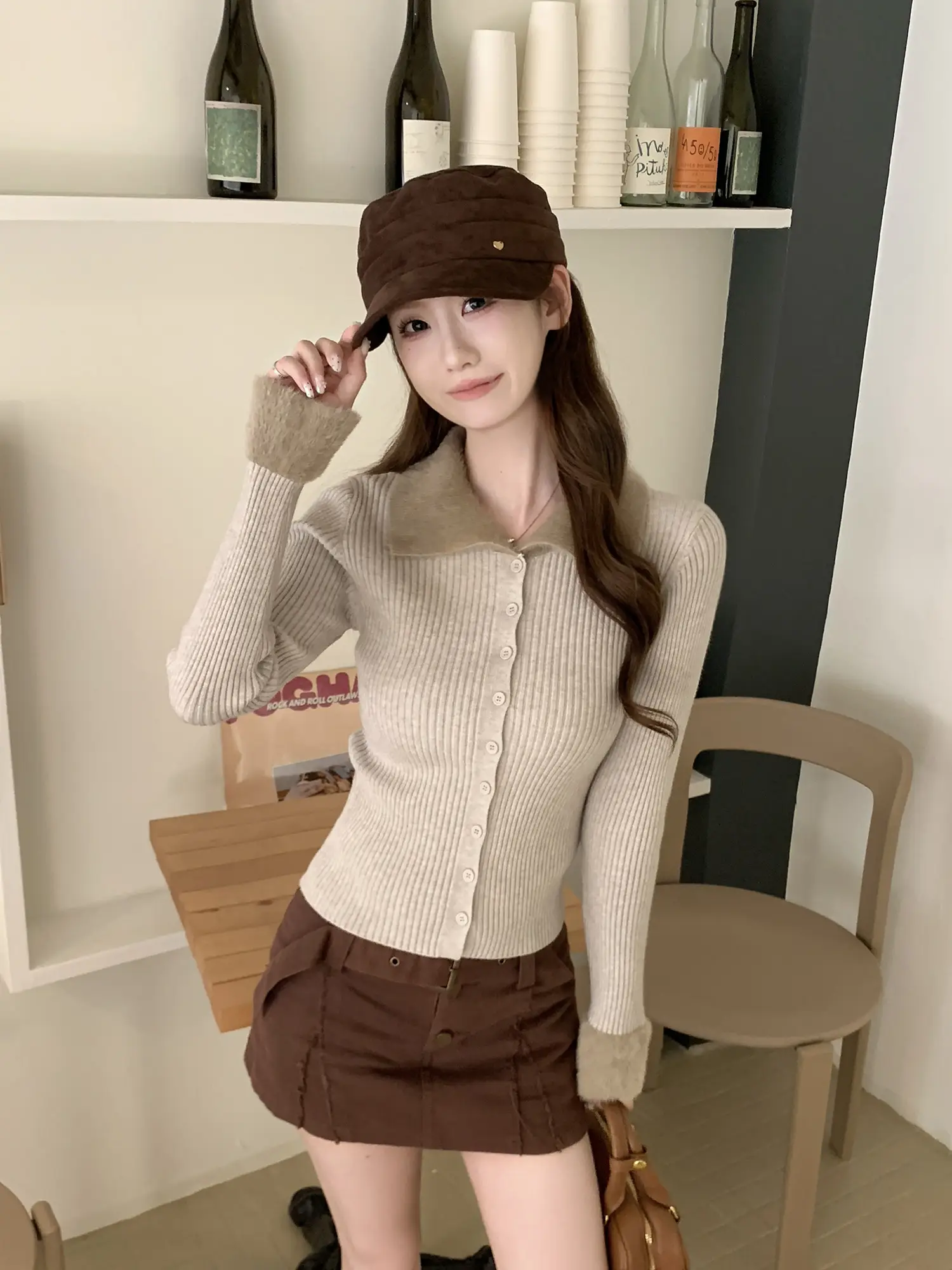 디자인감 매치 슬림핏 폴드 칼라 니트 가디건 상세 이미지 22