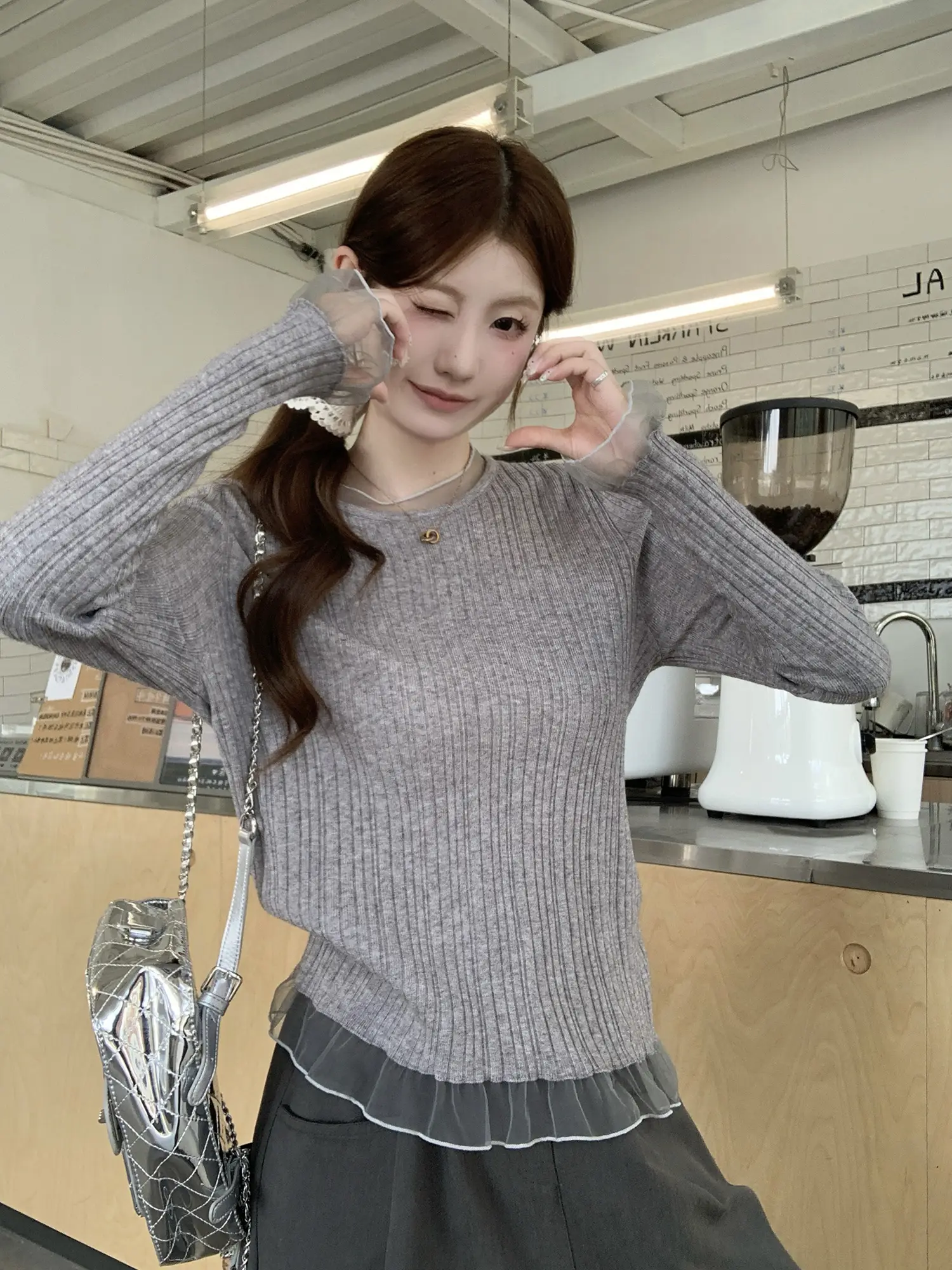 레이스 배색 긴소매 니트 상세 이미지 18