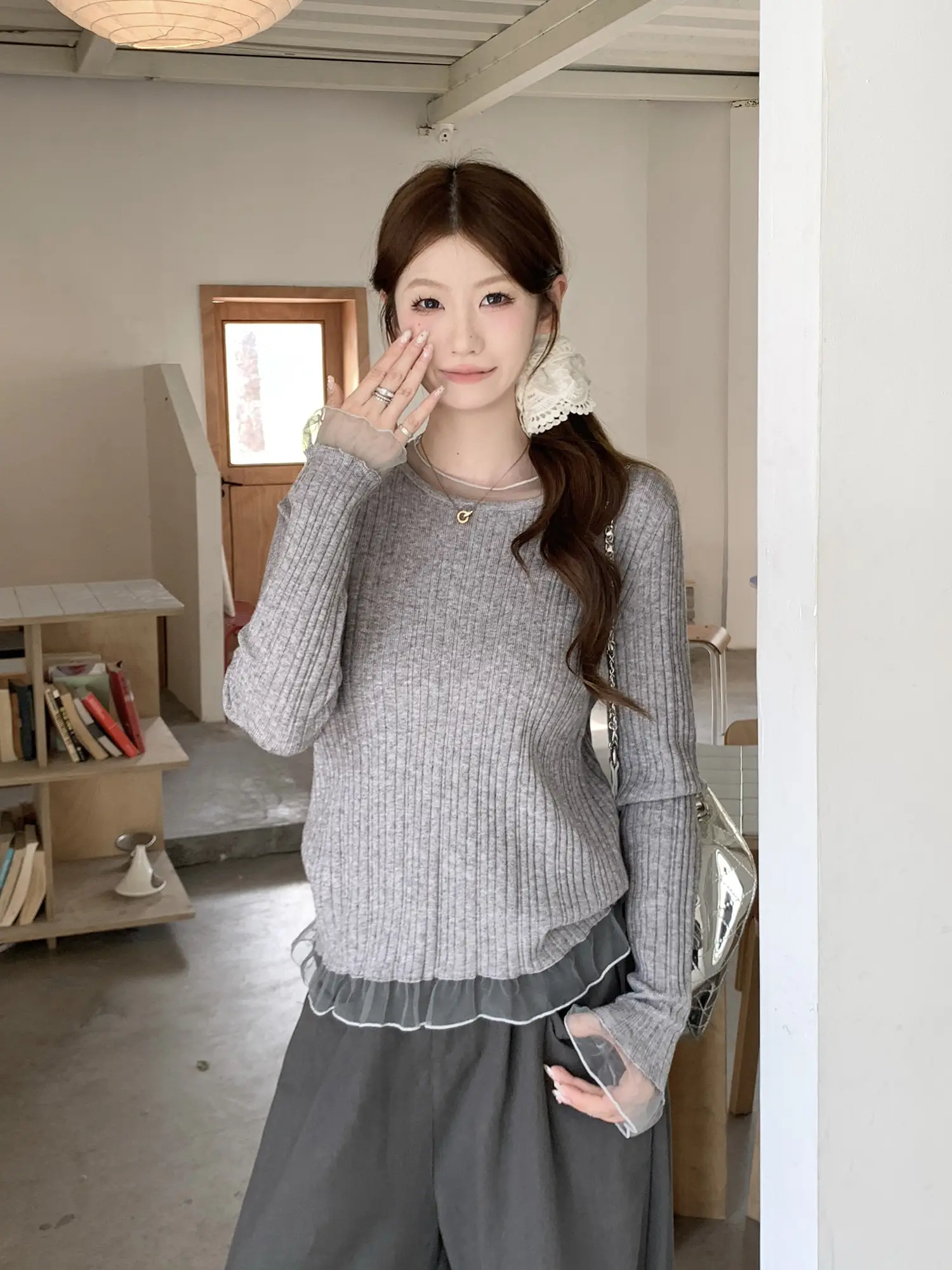레이스 배색 긴소매 니트 상세 이미지 20