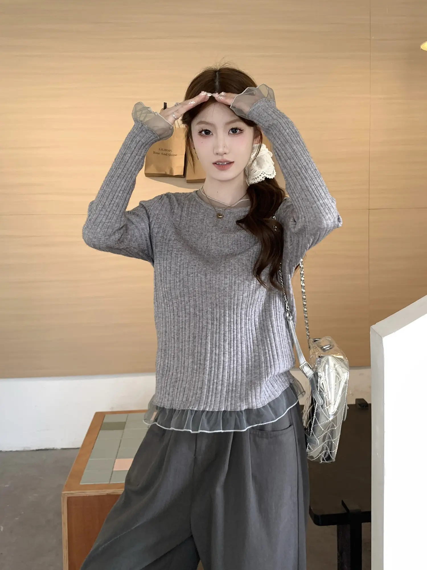 레이스 배색 긴소매 니트 상세 이미지 22