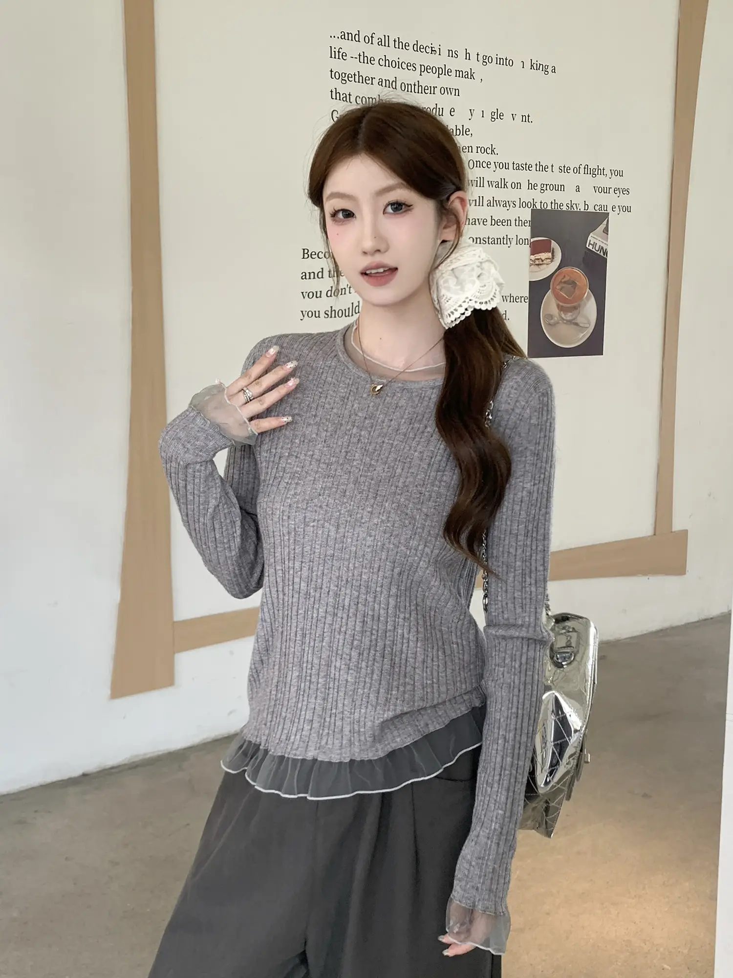 레이스 배색 긴소매 니트 상세 이미지 25