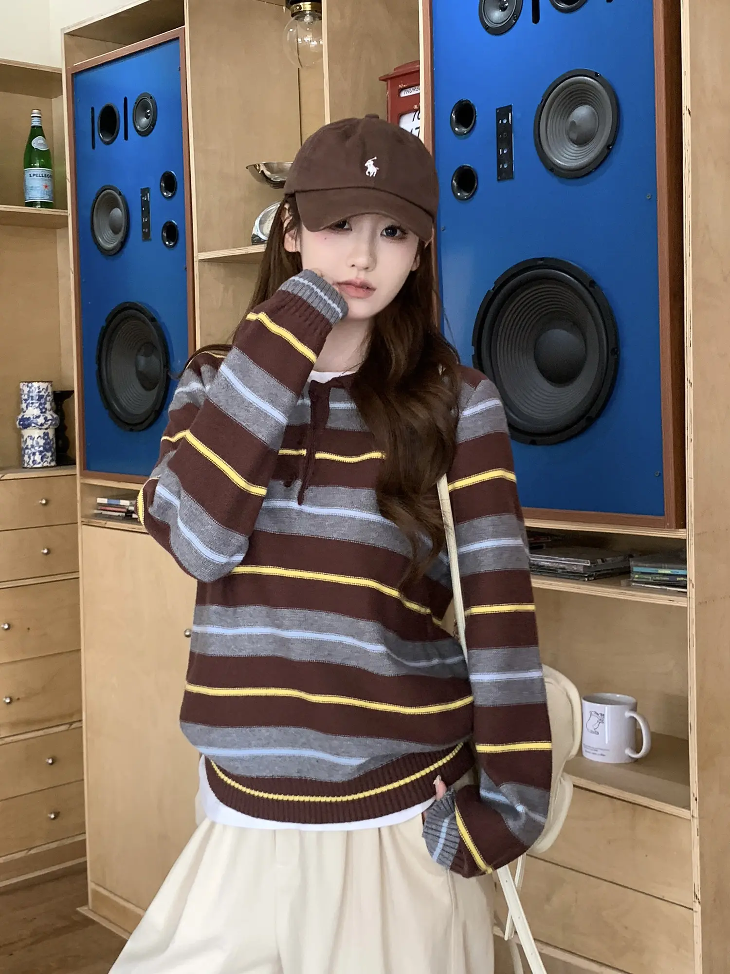 폴드 칼라 배색 스트라이프 니트 상세 이미지 11