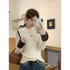 批发实拍~冬季欧货时尚半<b class='q'>高领</b>拼色丝绒羊毛针织<b class='q'>打底衫</b>女