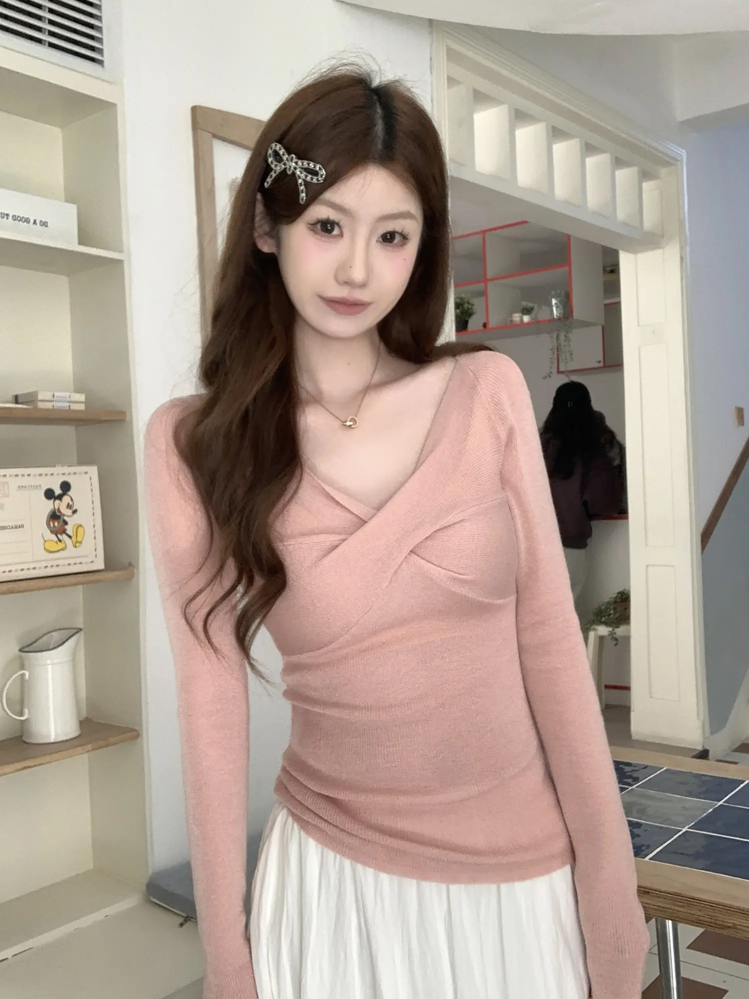 핑크 V넥 긴소매 니트 상세 이미지 11