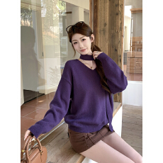 批发实拍~慵懒风紫色挂脖v领长袖上衣秋冬内搭针织上衣