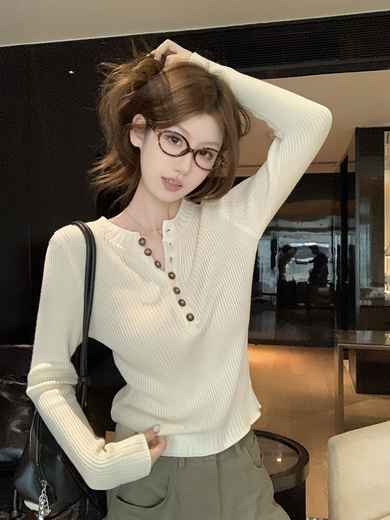 实拍~韩系白色半开领正肩长袖针织衫女秋冬