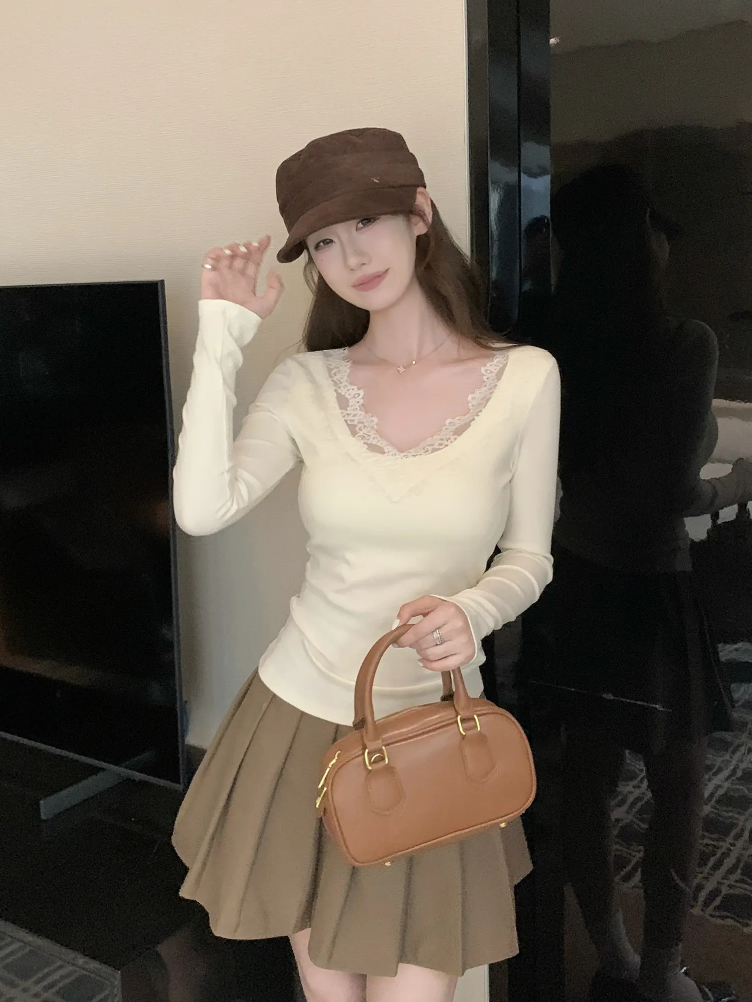 레이스 배색 긴소매 티셔츠 상세 이미지 6