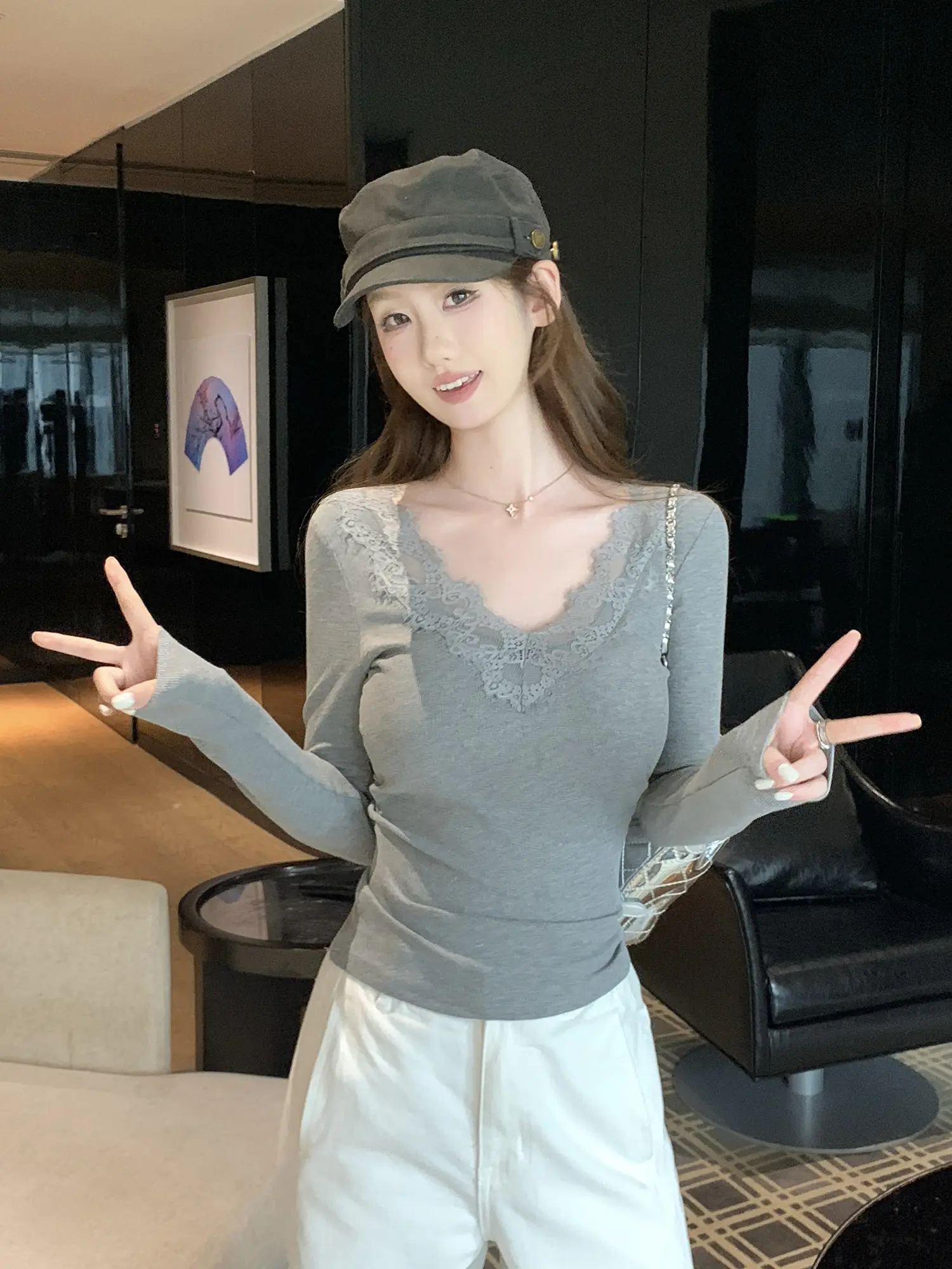 레이스 배색 긴소매 티셔츠 상세 이미지 20
