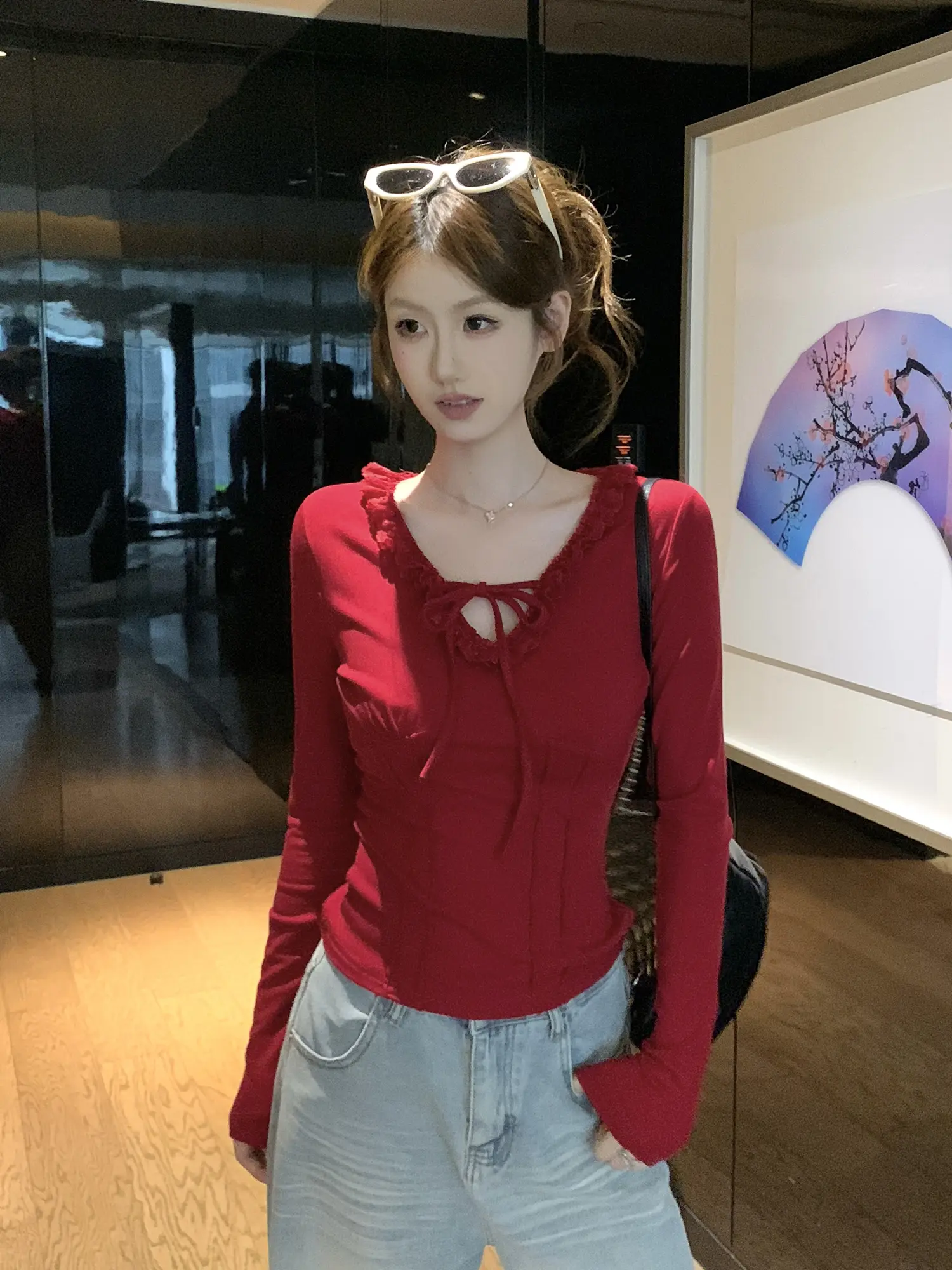 레이스 V넥 긴소매 여성용 상의