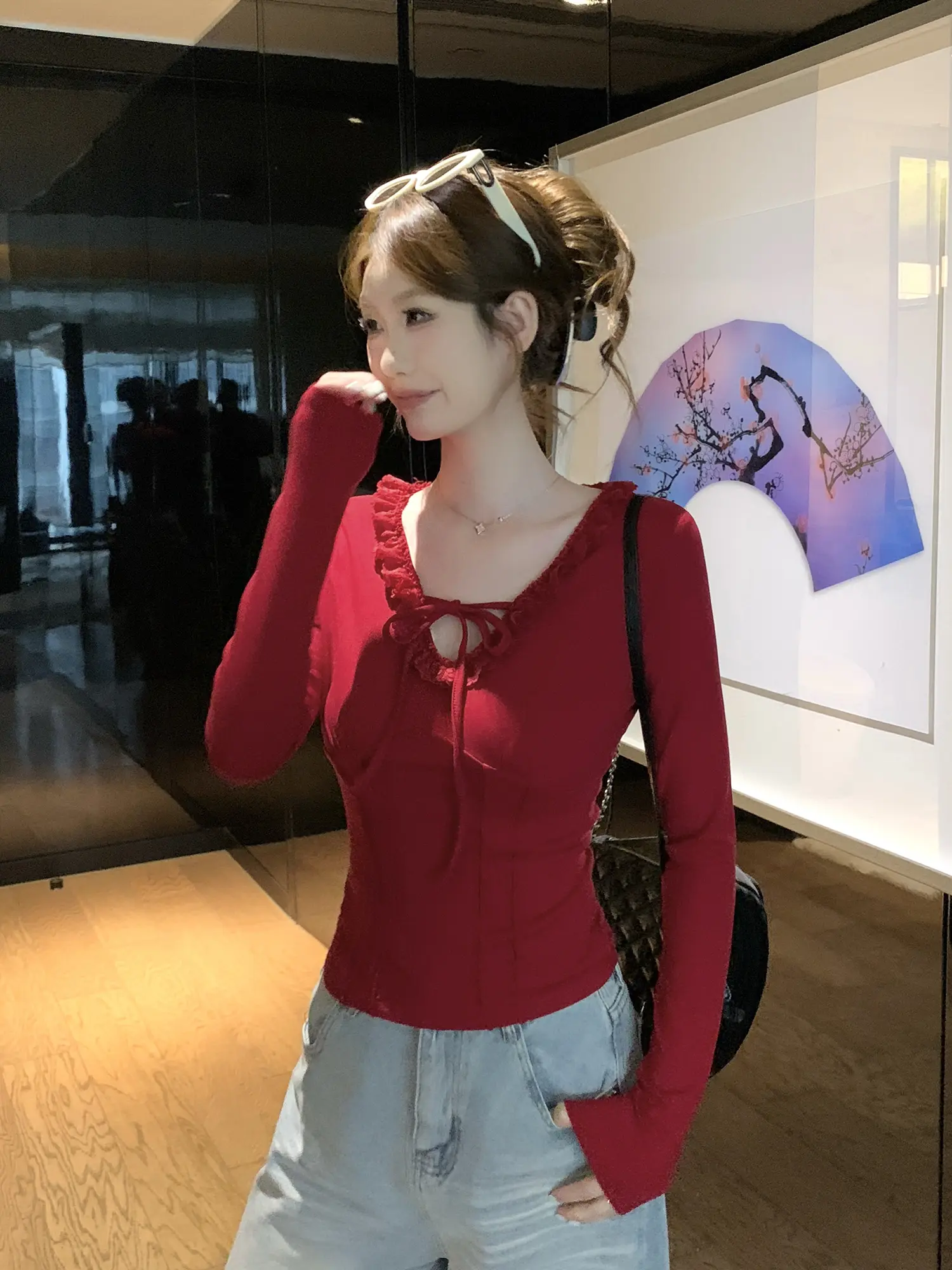 레이스 V넥 긴소매 여성용 상의 상세 이미지 3