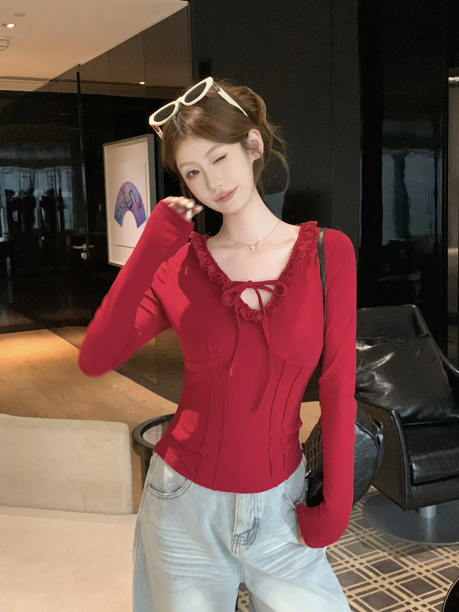 레이스 V넥 긴소매 여성용 상의 상세 이미지 8