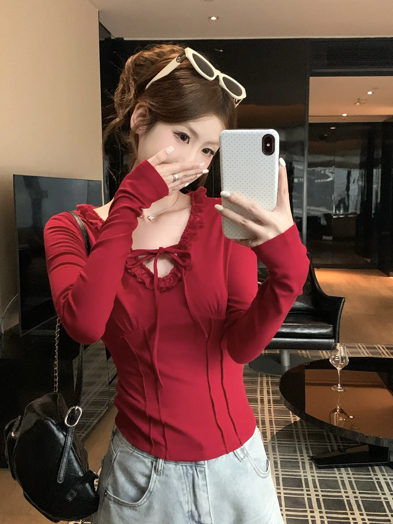레이스 V넥 긴소매 여성용 상의 상세 이미지 9