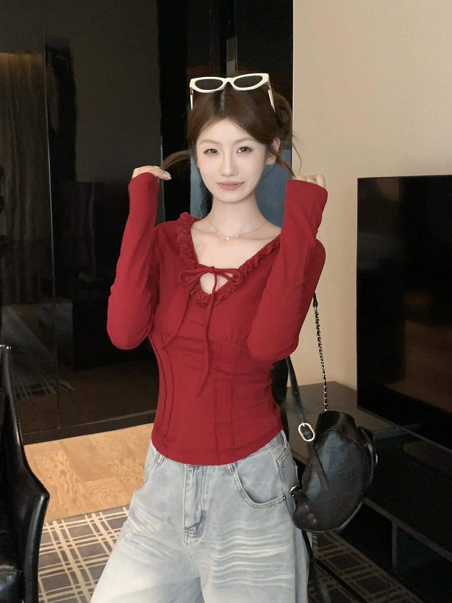 레이스 V넥 긴소매 여성용 상의 상세 이미지 11
