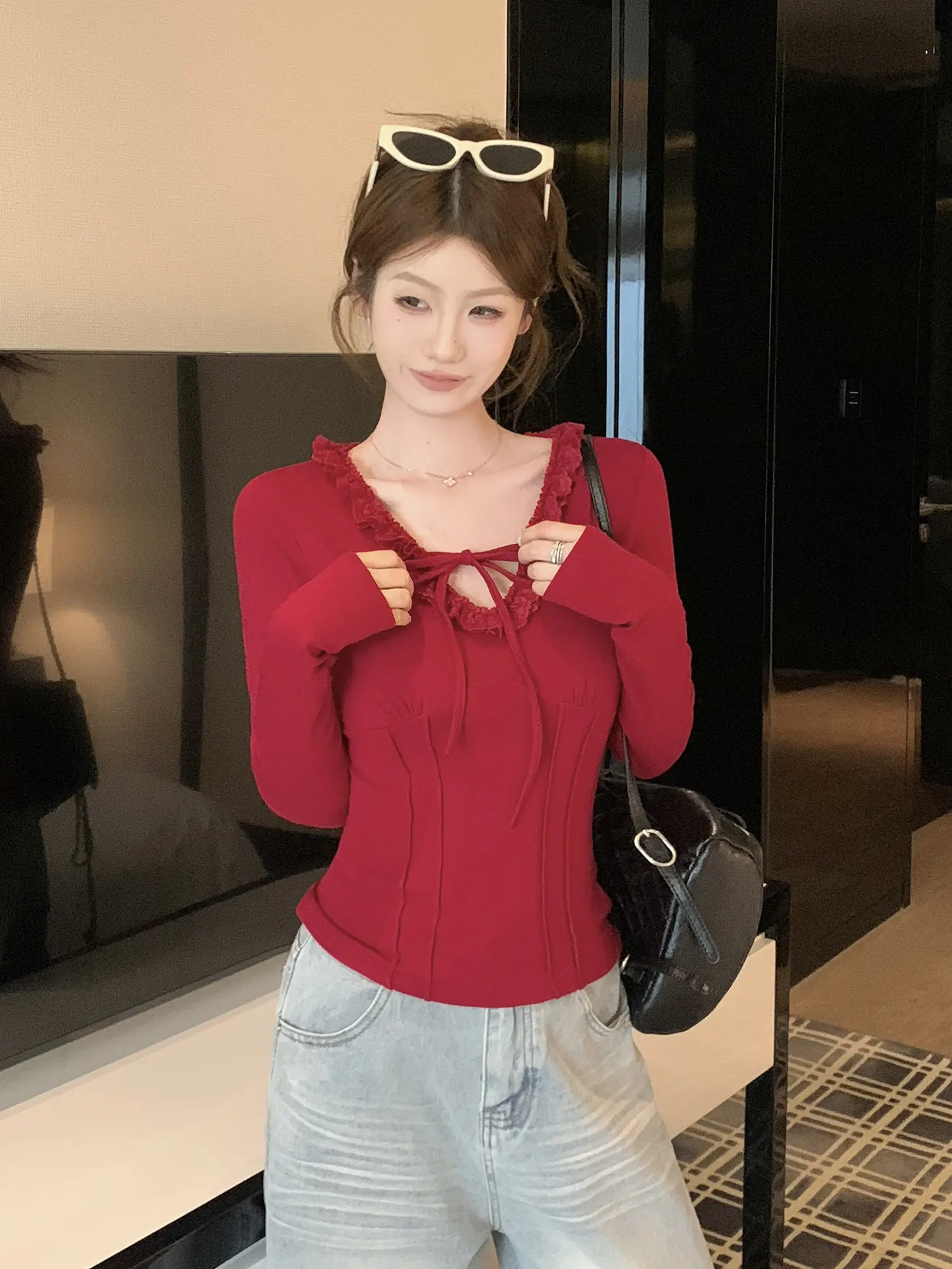 레이스 V넥 긴소매 여성용 상의 상세 이미지 13
