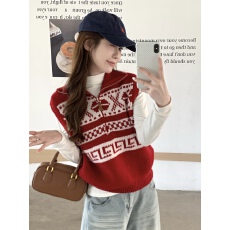 批发实拍~新年韩系减龄红色费尔岛无袖针织马夹女