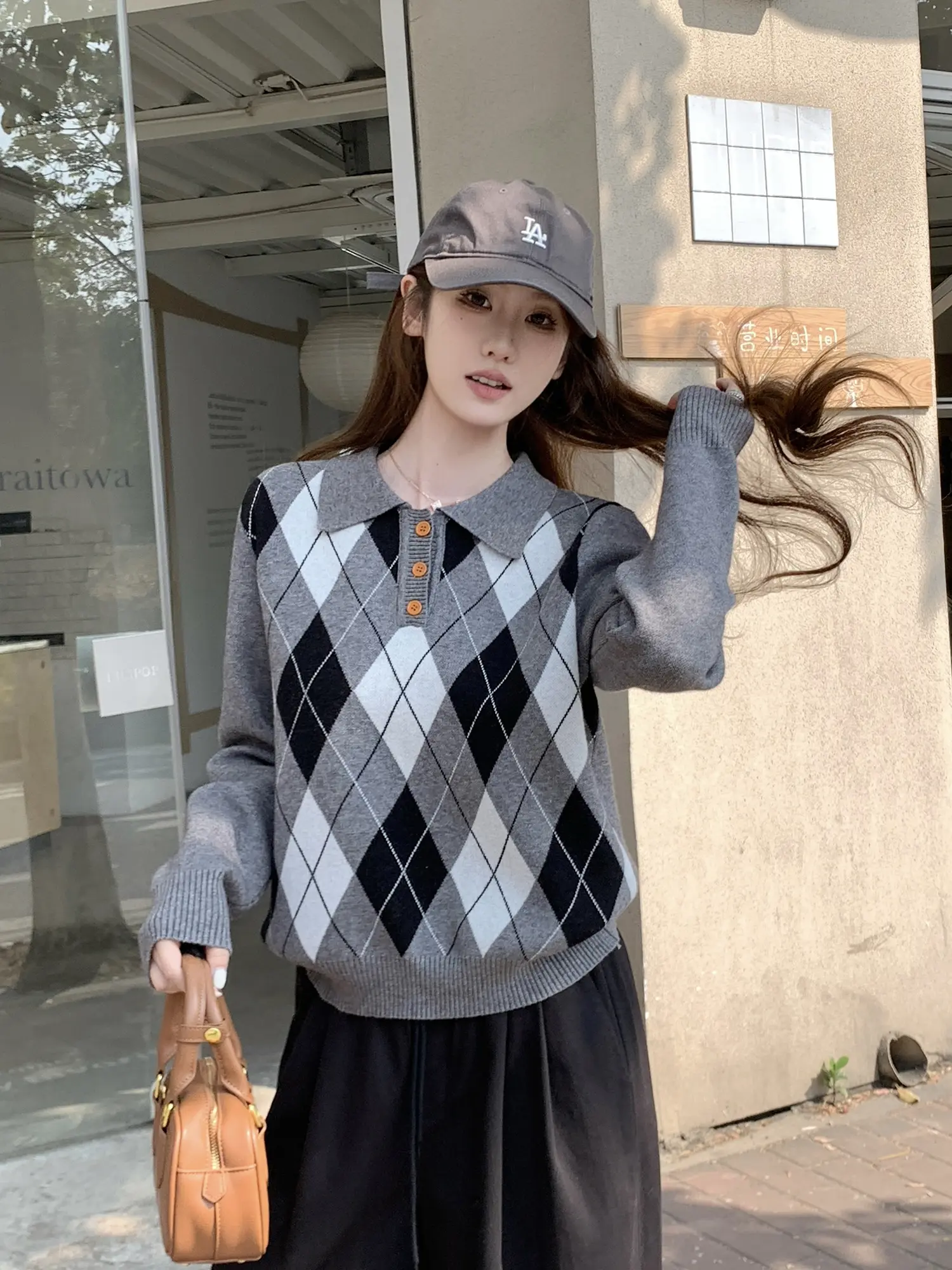 다이아몬드 패턴 폴로 긴소매 니트
