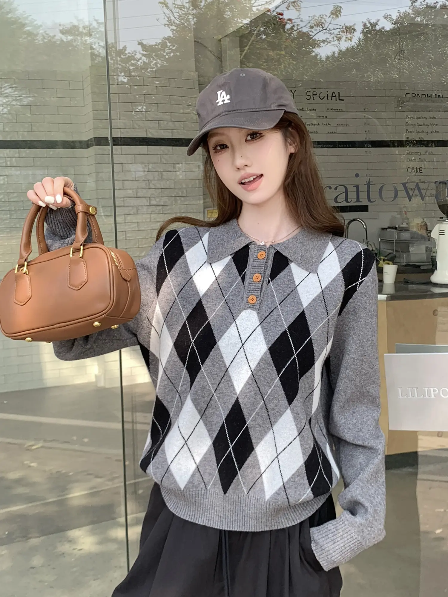 다이아몬드 패턴 폴로 긴소매 니트 상세 이미지 3