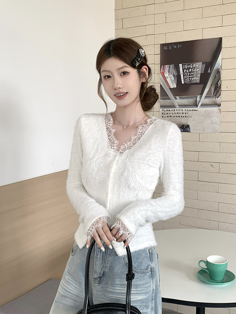 实拍~蕾丝v领针织开衫女秋冬季温柔软糯内搭打底衫