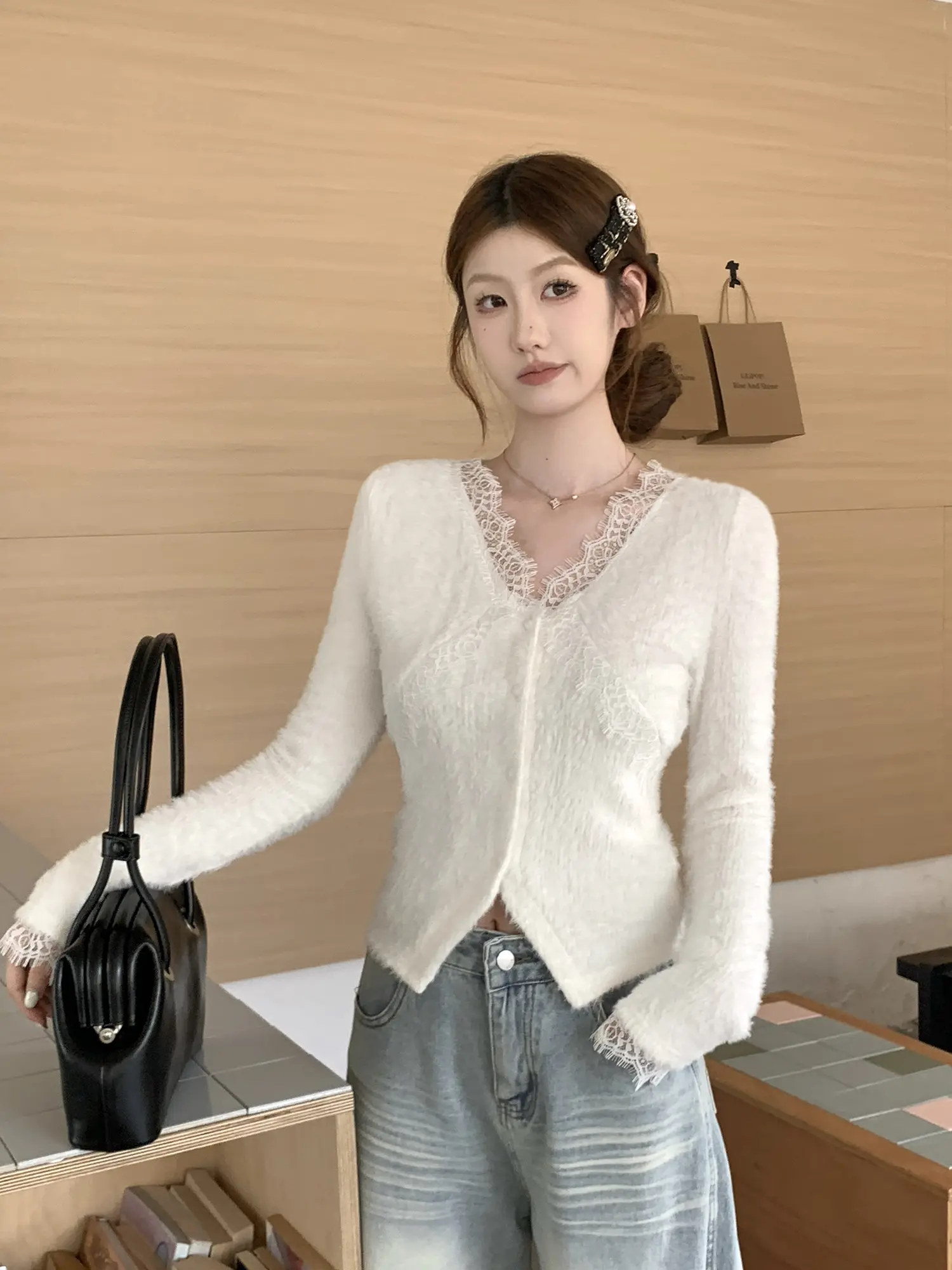 레이스 V넥 니트 가디건 상세 이미지 9