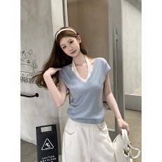 批发实拍~挂脖一字肩短袖T恤女2026夏爆款设计感<b class='q'>假两件</b>显瘦上衣