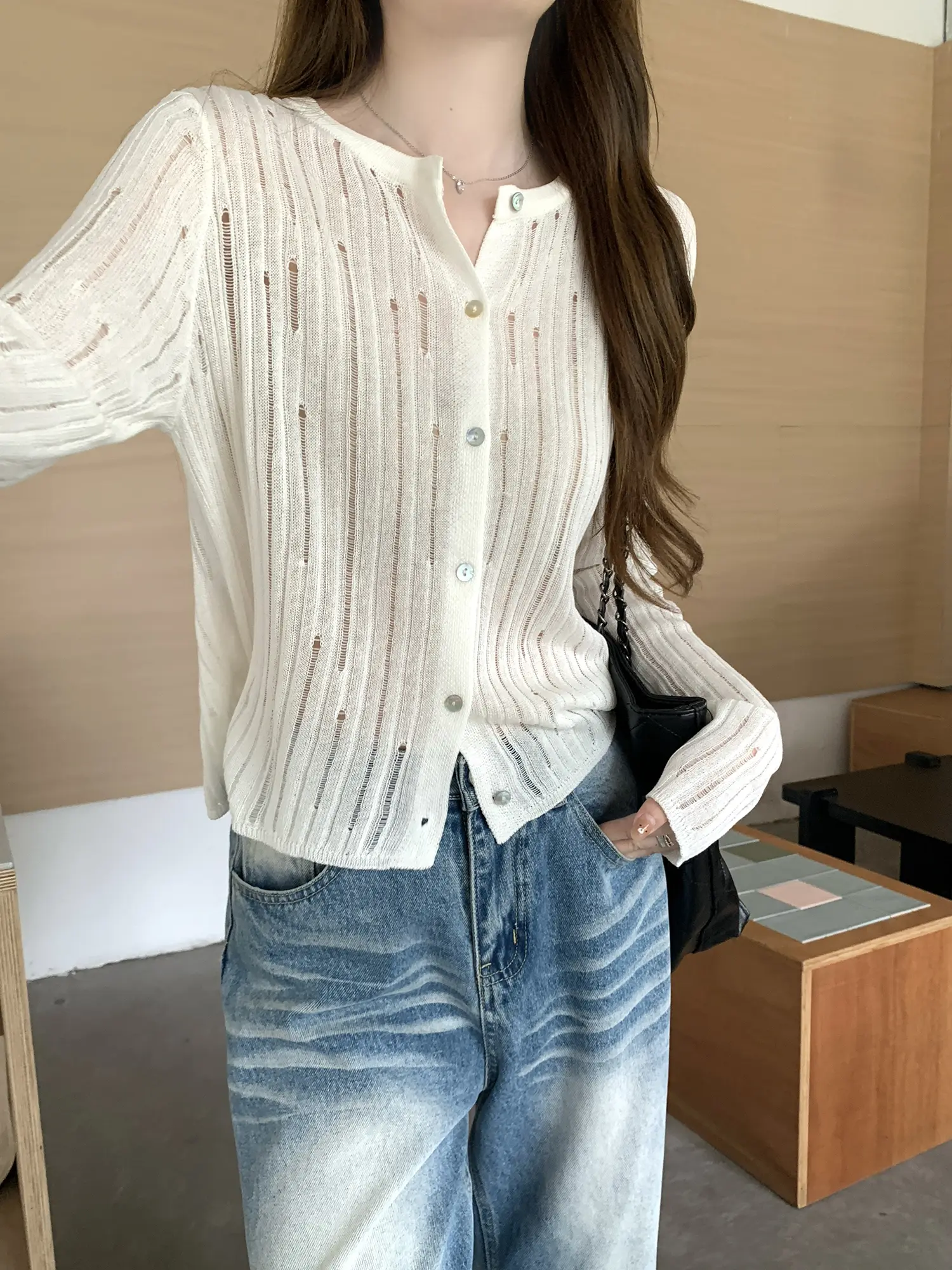 크로셰 니트 가디건 긴소매 티셔츠 상세 이미지 9