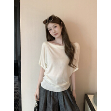 批发实拍~韩系简约风荡领针织衫女2026新款蝙蝠袖坑条<b class='q'>宽松</b>上衣